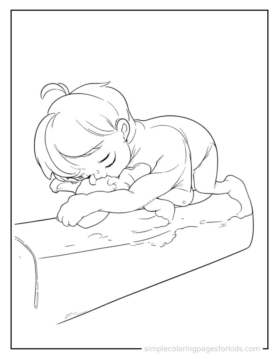 Sleepy Kid Doing Gymnastics On A Balance Beam Coloring Page