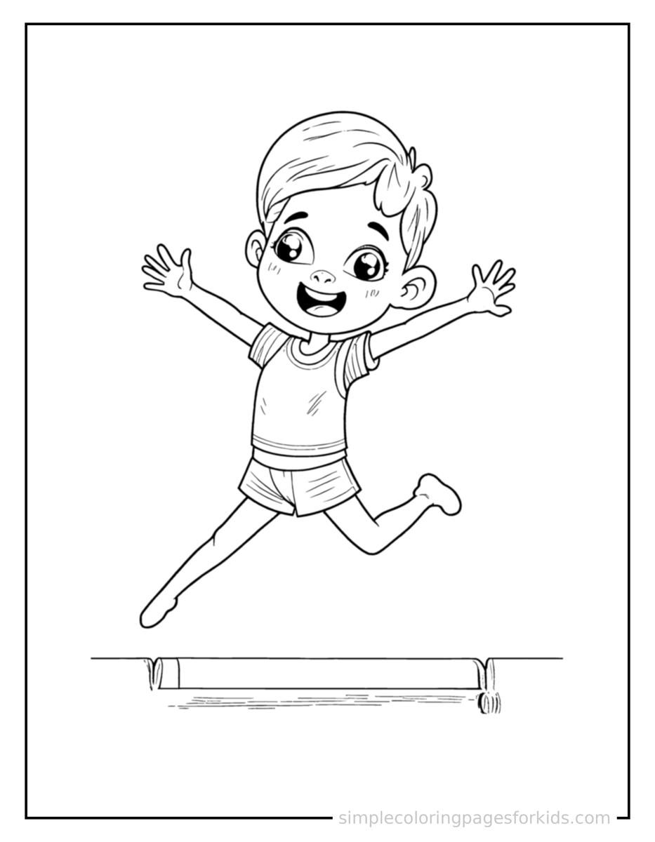 Jumping Kid Doing Gymnastics On A Balance Beam Coloring Page
