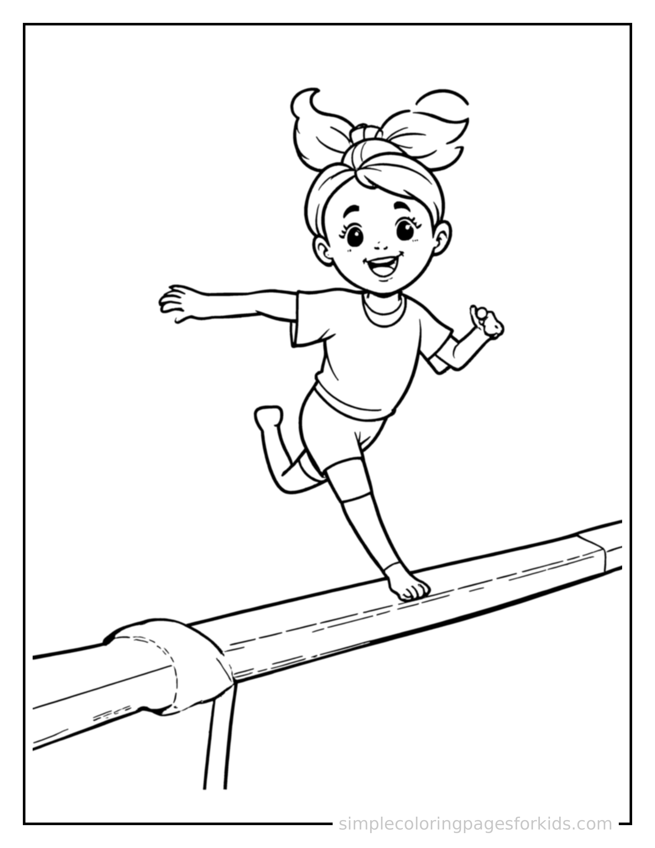 Free printable kid doing gymnastics on a balance beam coloring page featuring a cute kid doing gymnastics on a balance beam running forward at full speed, arms pumping, big happy grin.