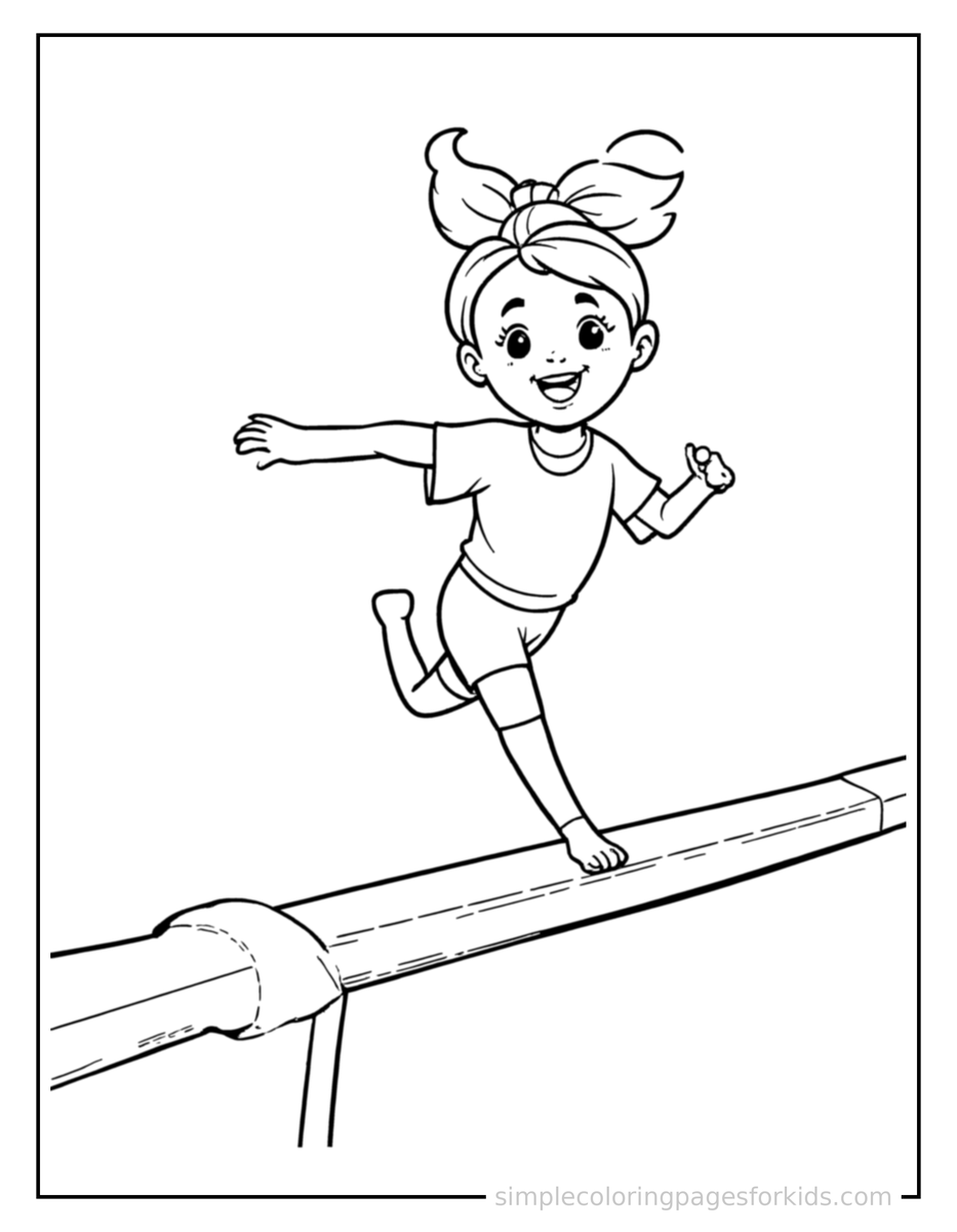 Running Kid Doing Gymnastics On A Balance Beam Coloring Page