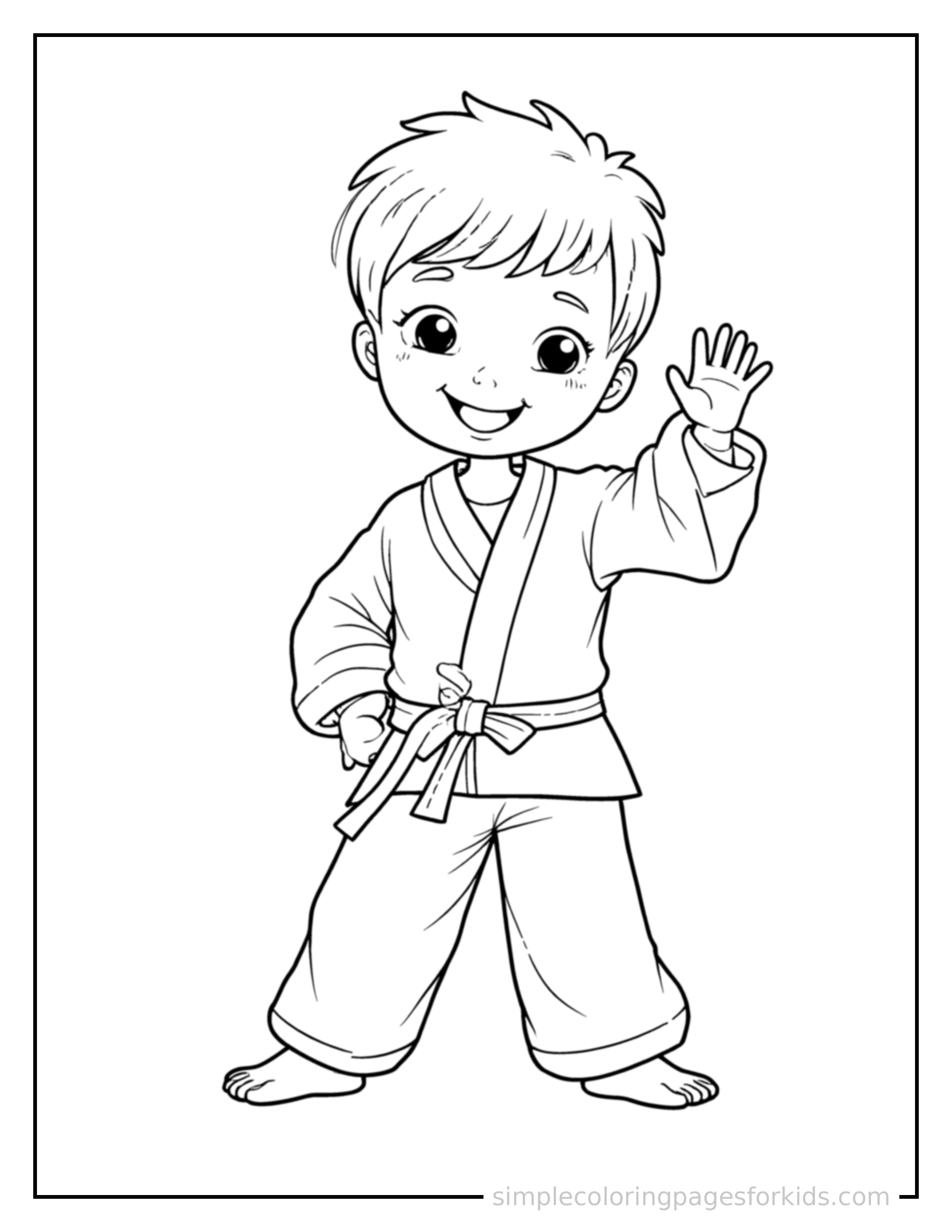 Free printable kid practicing karate in a uniform coloring page featuring a cute kid practicing karate in a uniform standing tall with a big cheerful grin, one hand raised in a wave, head tilted slightly.