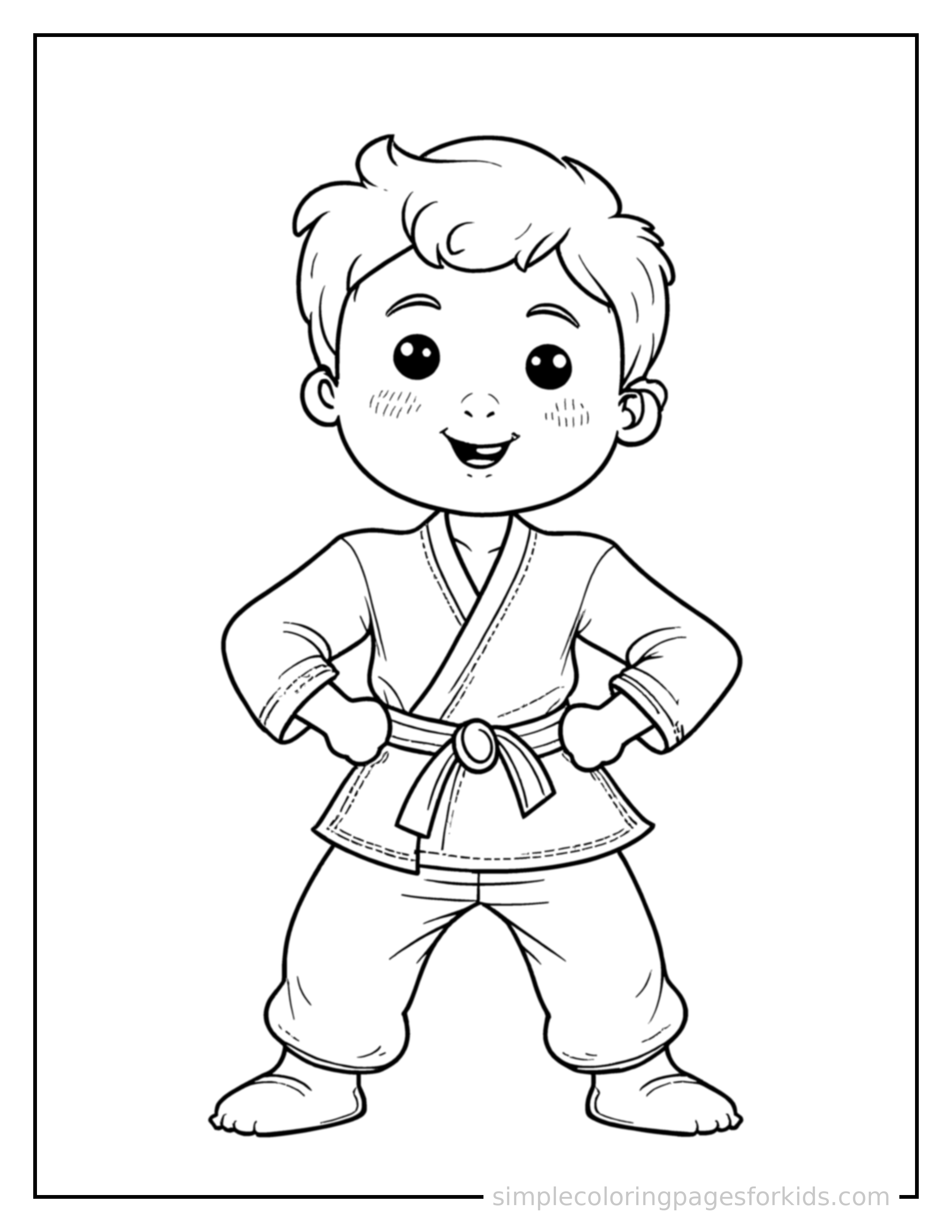 Free printable kid practicing karate in a uniform coloring page featuring a cute kid practicing karate in a uniform standing proudly with hands on hips, chest out, big sparkling happy eyes and open smile.