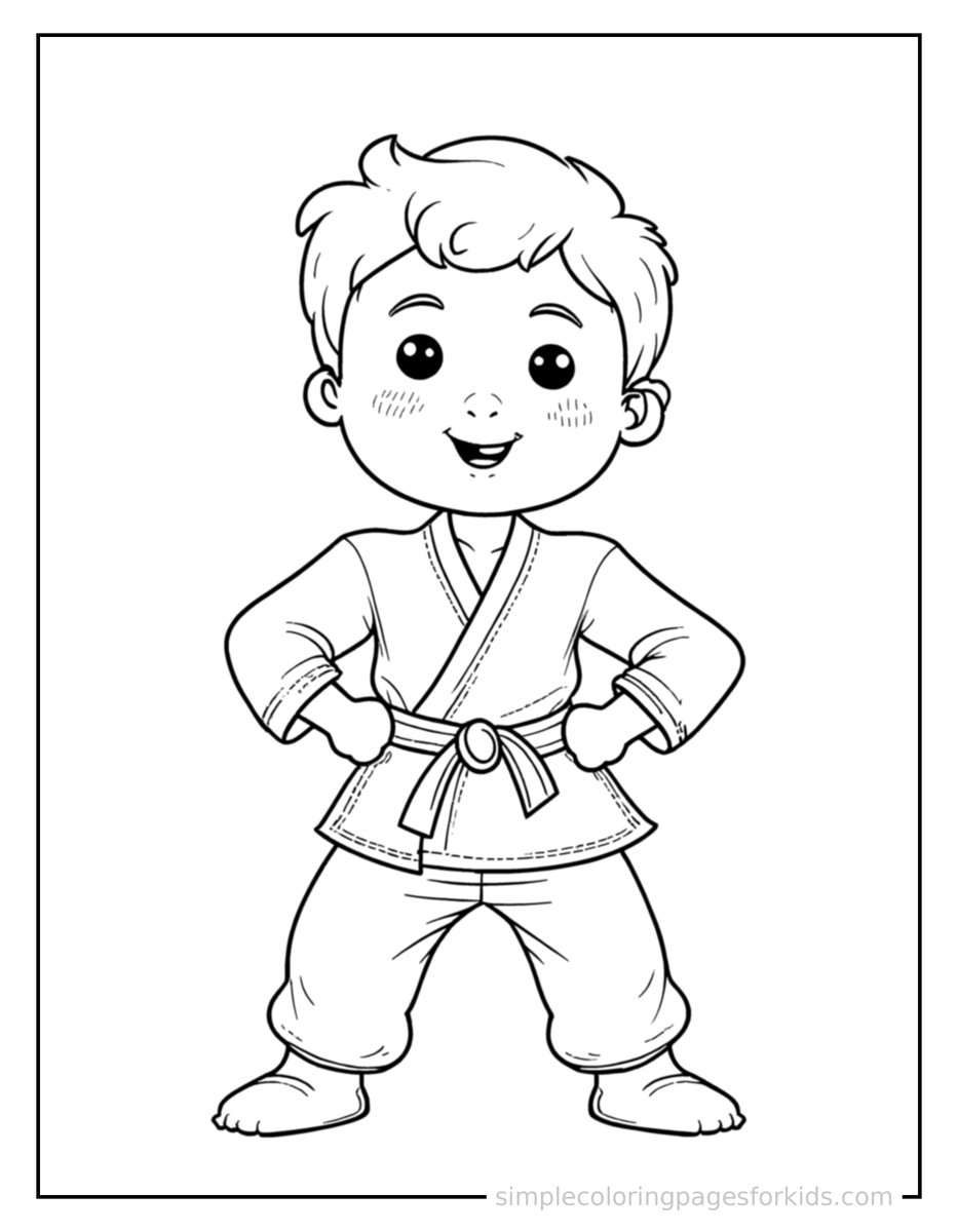 Proud Kid Practicing Karate In A Uniform Coloring Page