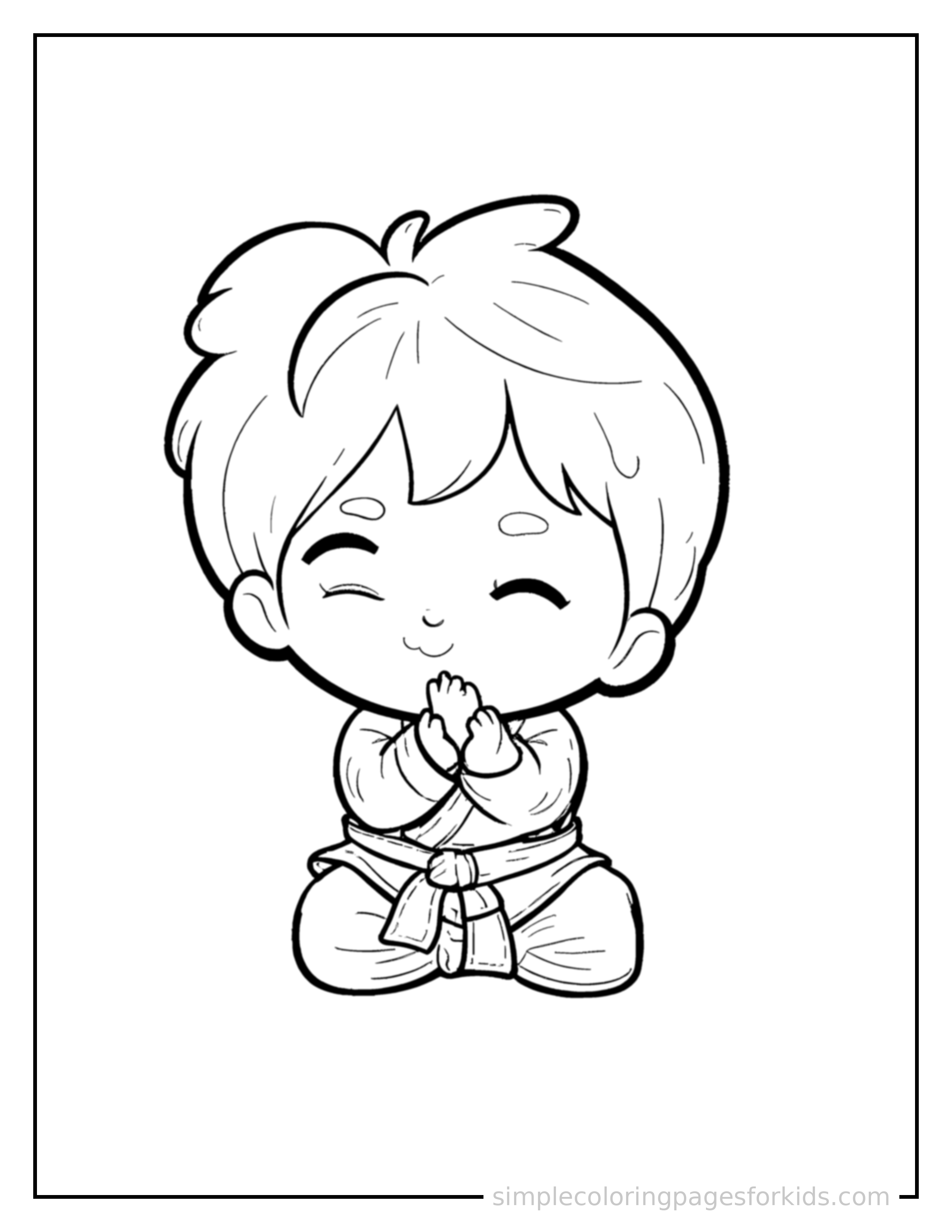 Free printable kid practicing karate in a uniform coloring page featuring a cute kid practicing karate in a uniform curled up fast asleep, peaceful smile, one eye scrunched shut, hands tucked under the chin.