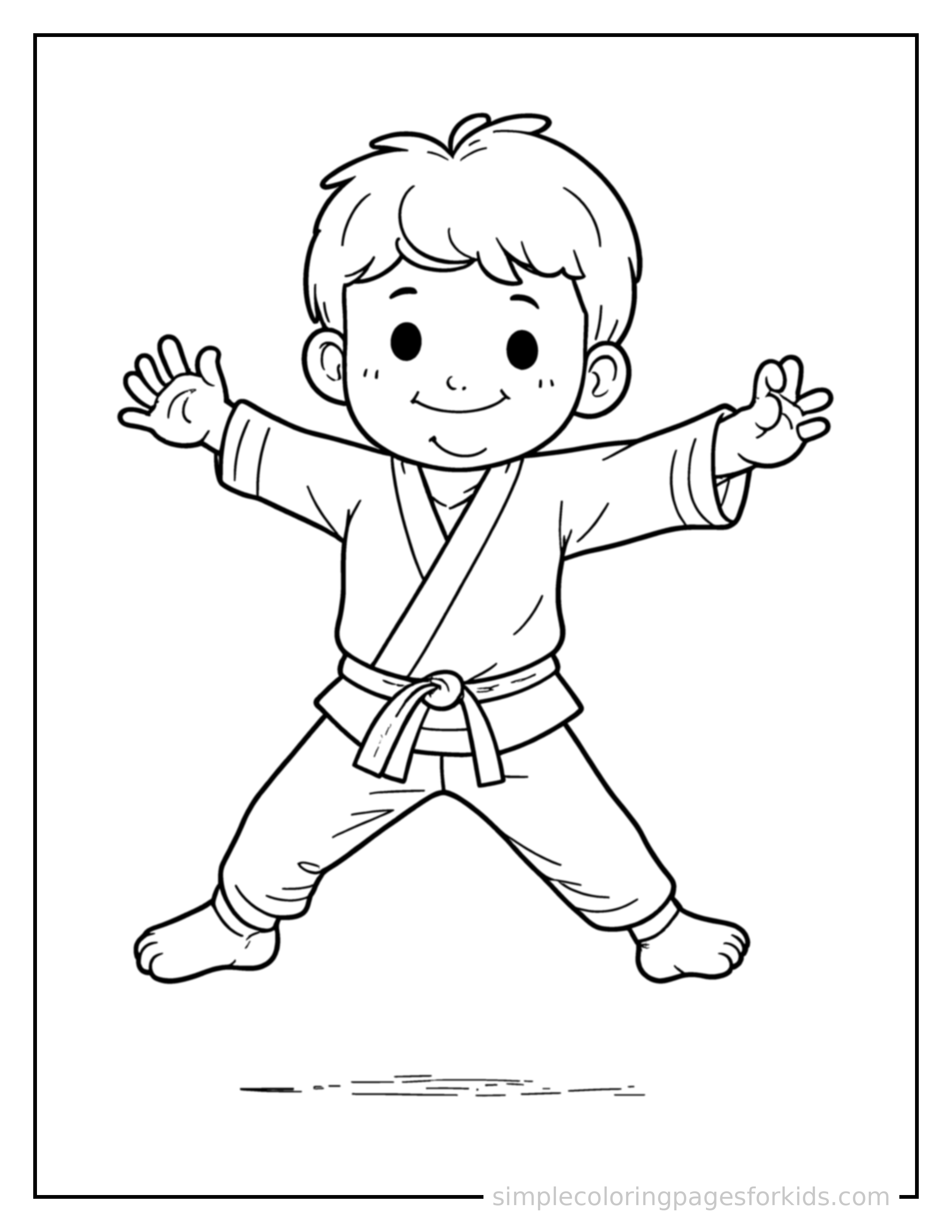 Free printable kid practicing karate in a uniform coloring page featuring a cute kid practicing karate in a uniform mid-jump with arms and legs stretched out playfully, mouth open with excitement.