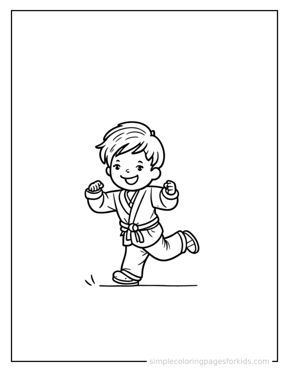 Running Kid Practicing Karate In A Uniform Coloring Page