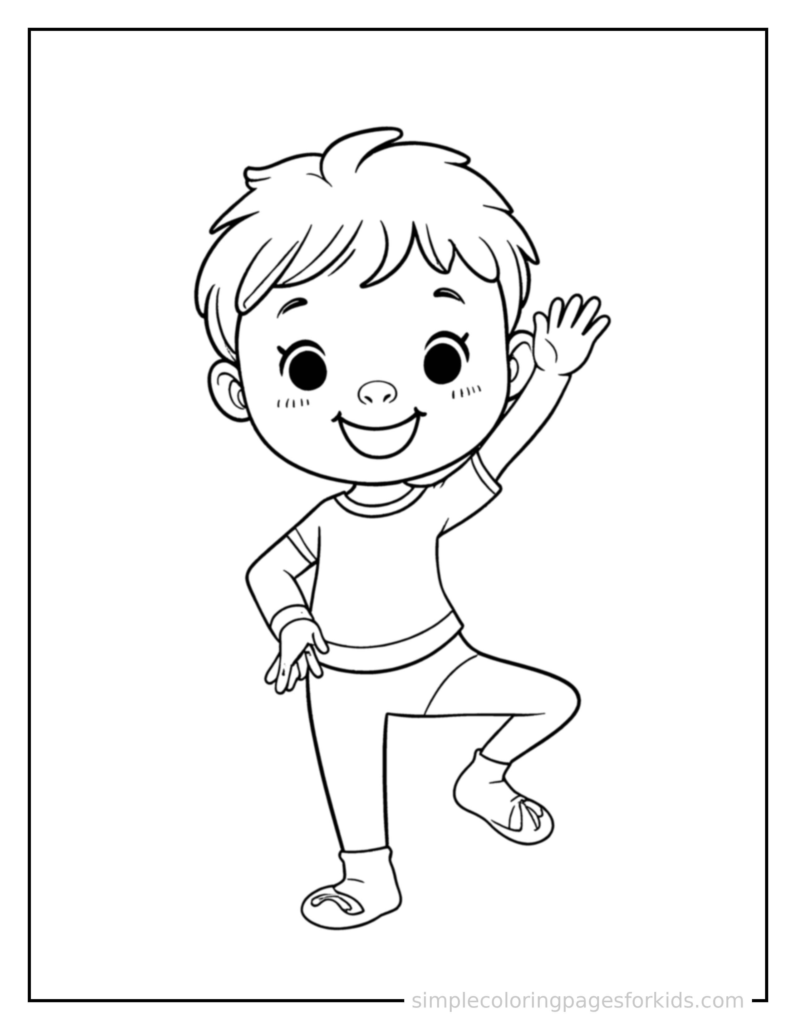 Free printable kid doing yoga in a pose coloring page featuring a cute kid doing yoga in a pose standing tall with a big cheerful grin, one hand raised in a wave, head tilted slightly.
