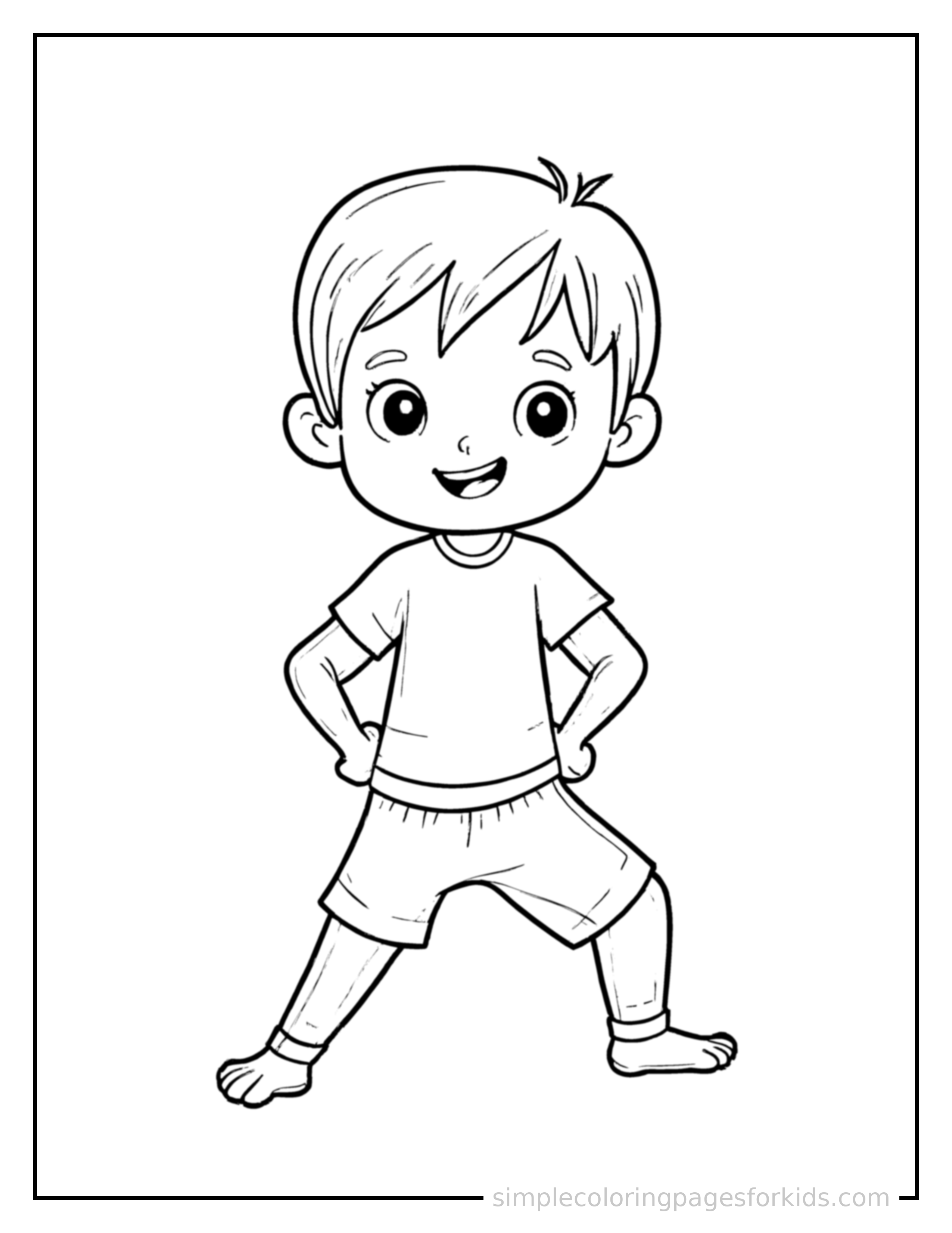 Free printable kid doing yoga in a pose coloring page featuring a cute kid doing yoga in a pose standing proudly with hands on hips, chest out, big sparkling happy eyes and open smile.