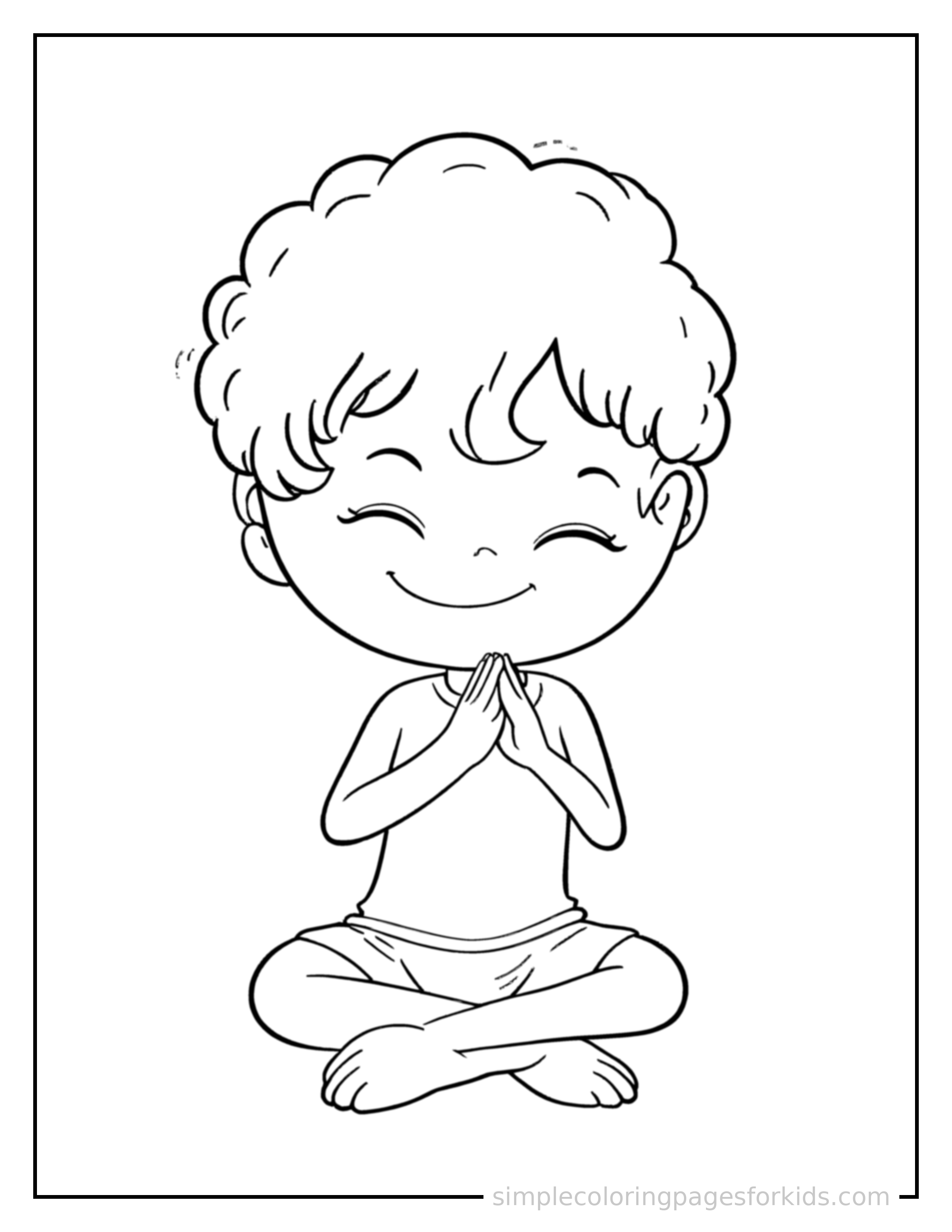Free printable kid doing yoga in a pose coloring page featuring a cute kid doing yoga in a pose curled up fast asleep, peaceful smile, one eye scrunched shut, hands tucked under the chin.