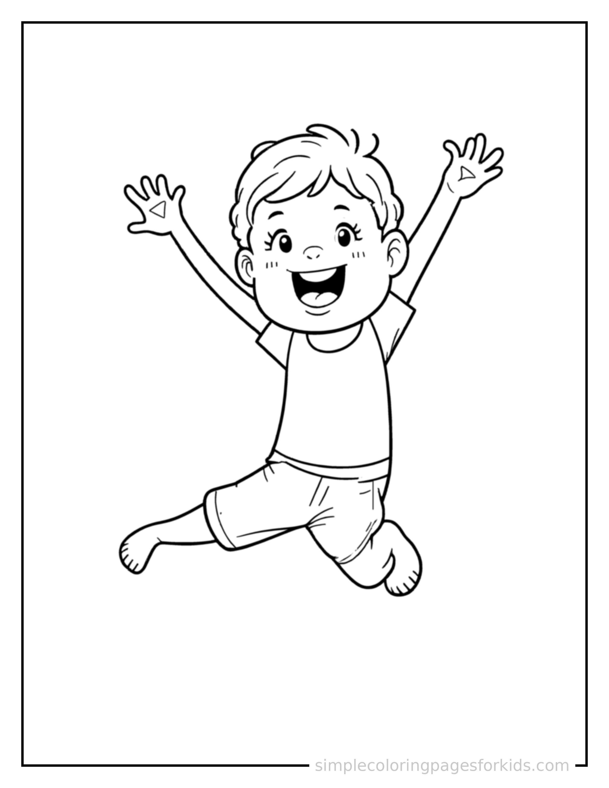 Free printable kid doing yoga in a pose coloring page featuring a cute kid doing yoga in a pose mid-jump with arms and legs stretched out playfully, mouth open with excitement.