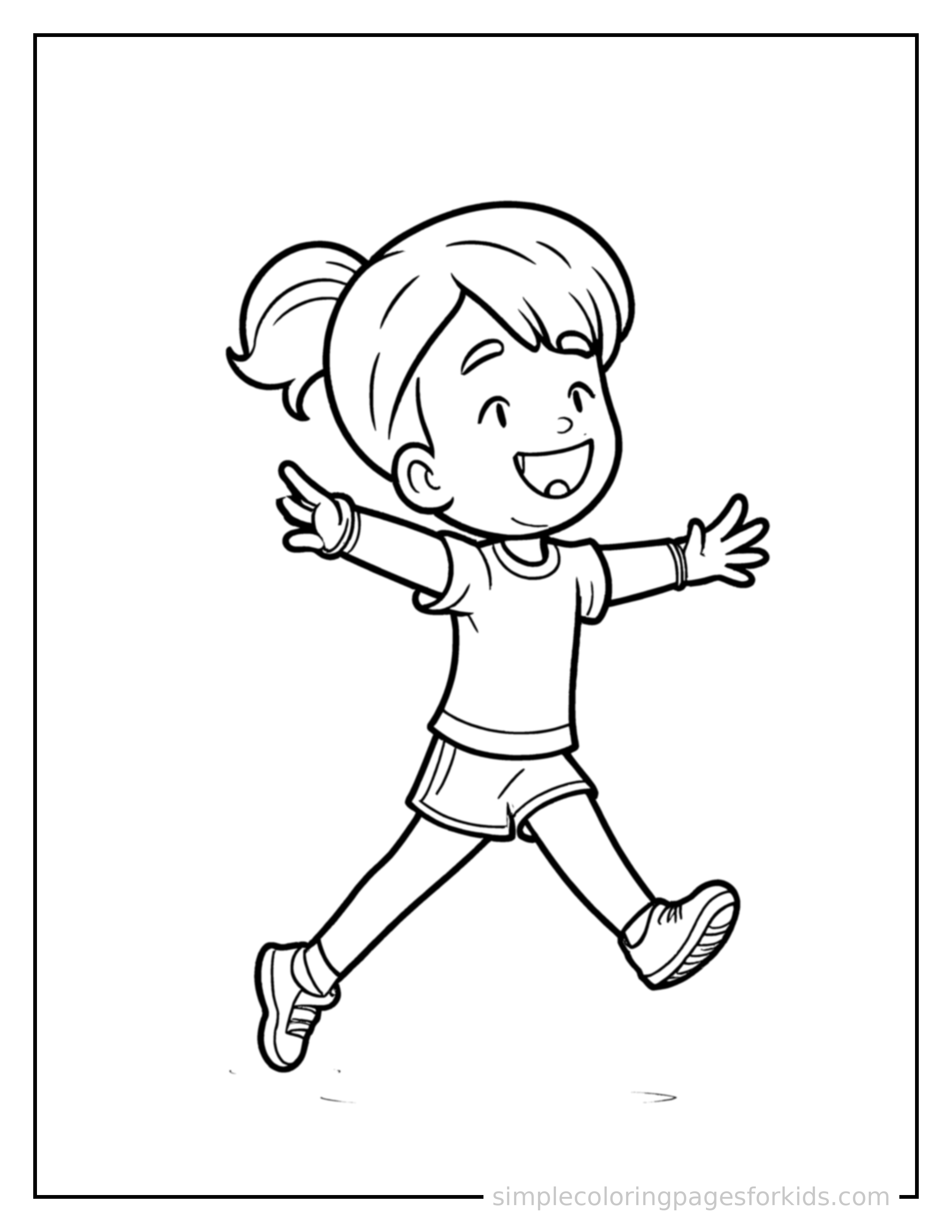 Free printable kid doing yoga in a pose coloring page featuring a cute kid doing yoga in a pose running forward at full speed, arms pumping, big happy grin.