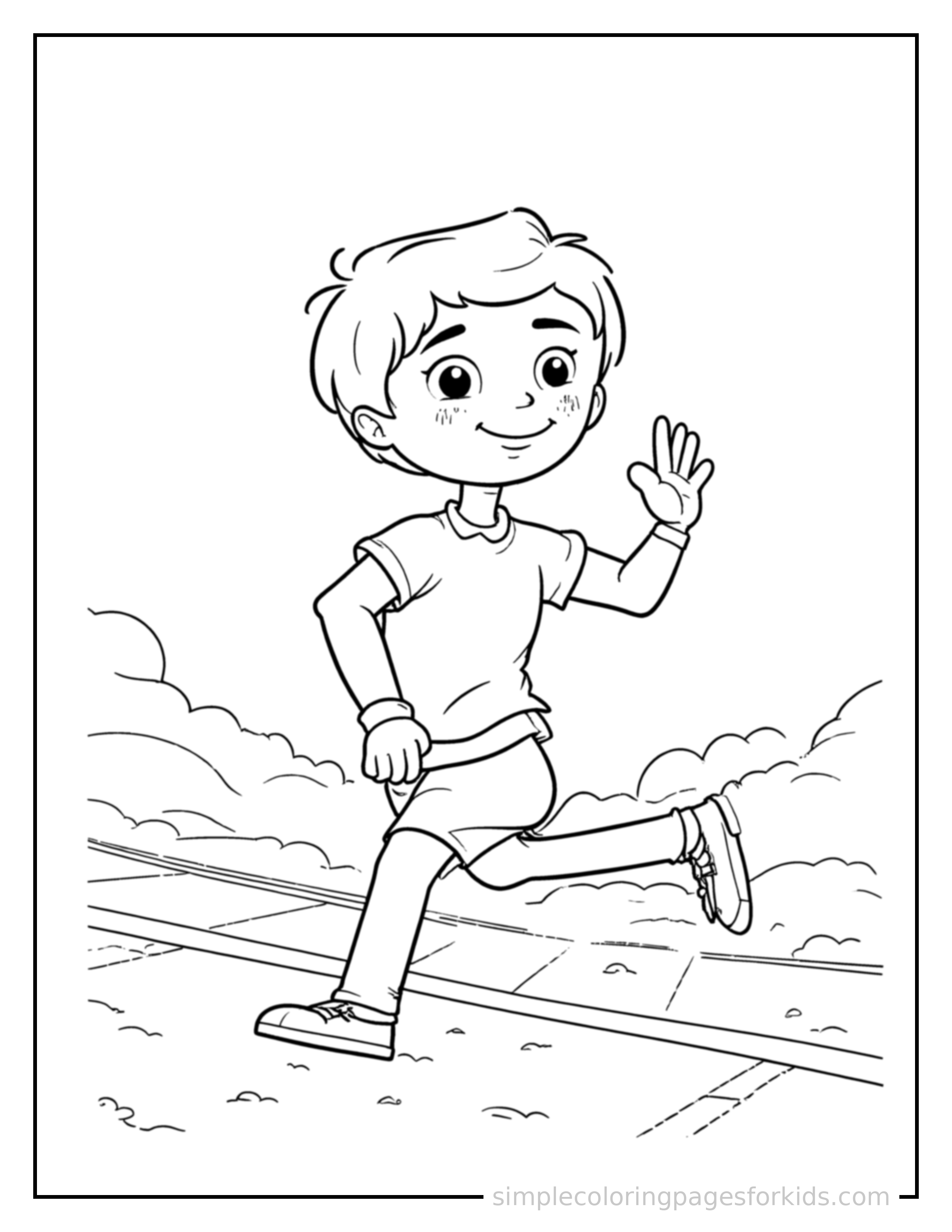 Free printable kid running on a track coloring page featuring a cute kid running on a track standing tall with a big cheerful grin, one hand raised in a wave, head tilted slightly.