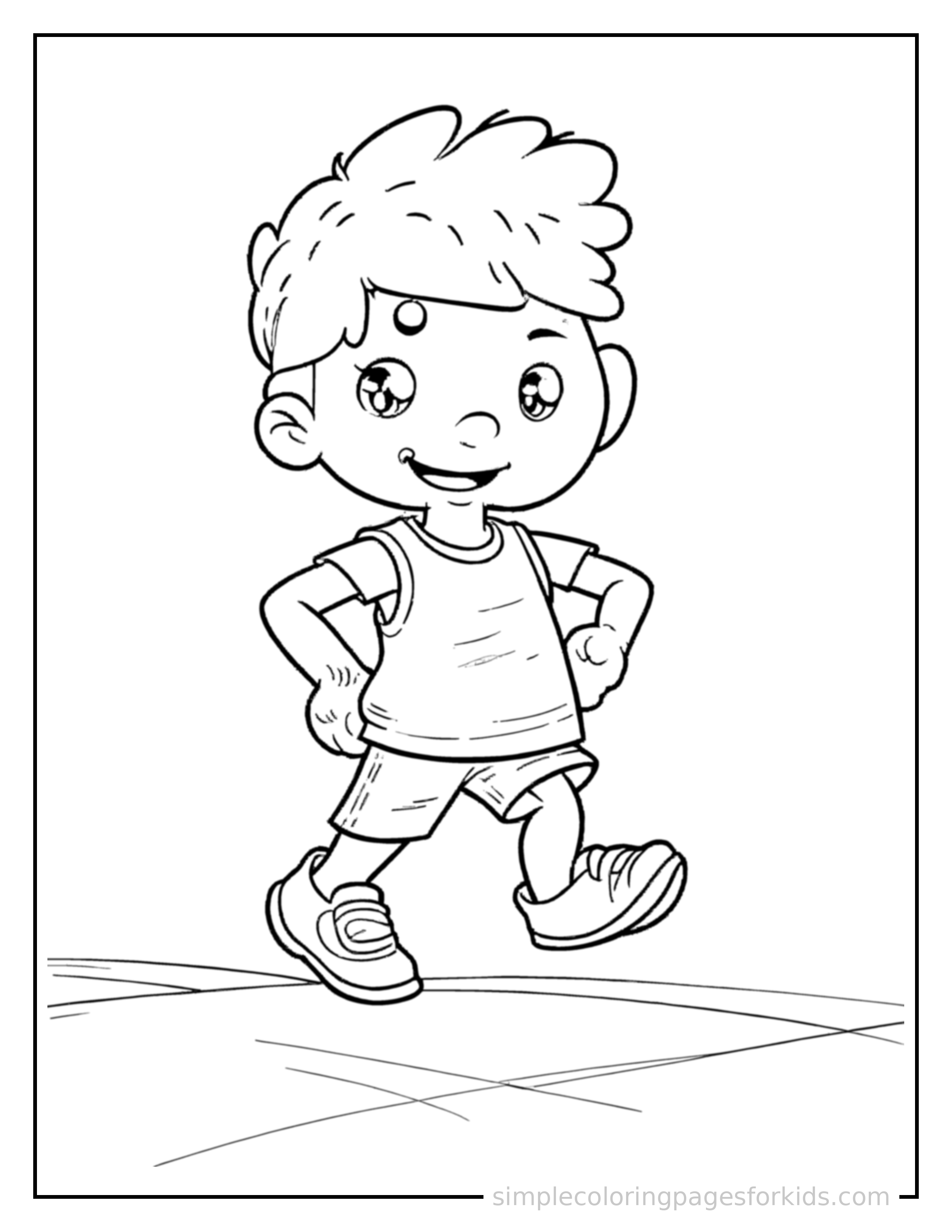 Free printable kid running on a track coloring page featuring a cute kid running on a track standing proudly with hands on hips, chest out, big sparkling happy eyes and open smile.