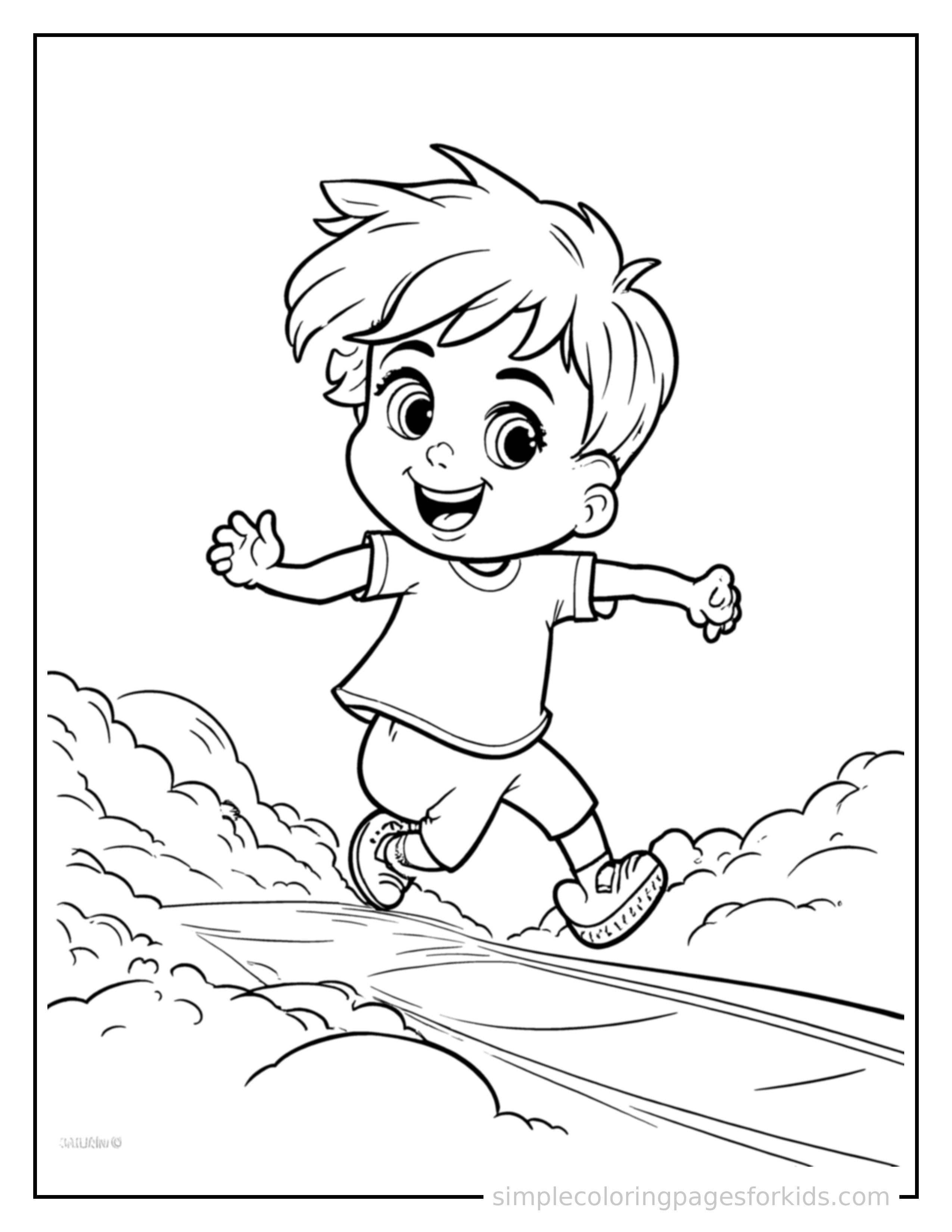 Free printable kid running on a track coloring page featuring a cute kid running on a track mid-jump with arms and legs stretched out playfully, mouth open with excitement.