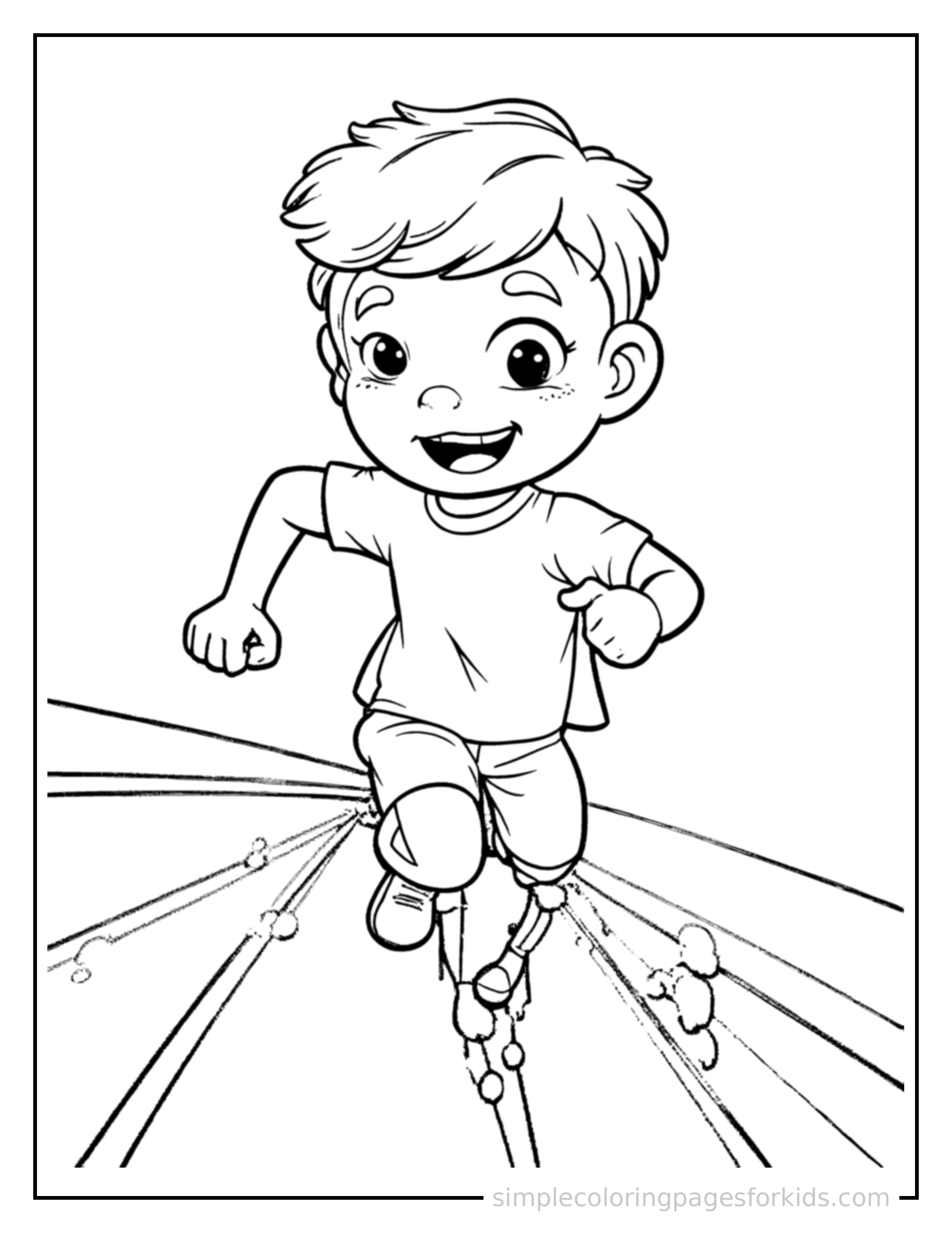 Free printable kid running on a track coloring page featuring a cute kid running on a track running forward at full speed, arms pumping, big happy grin.
