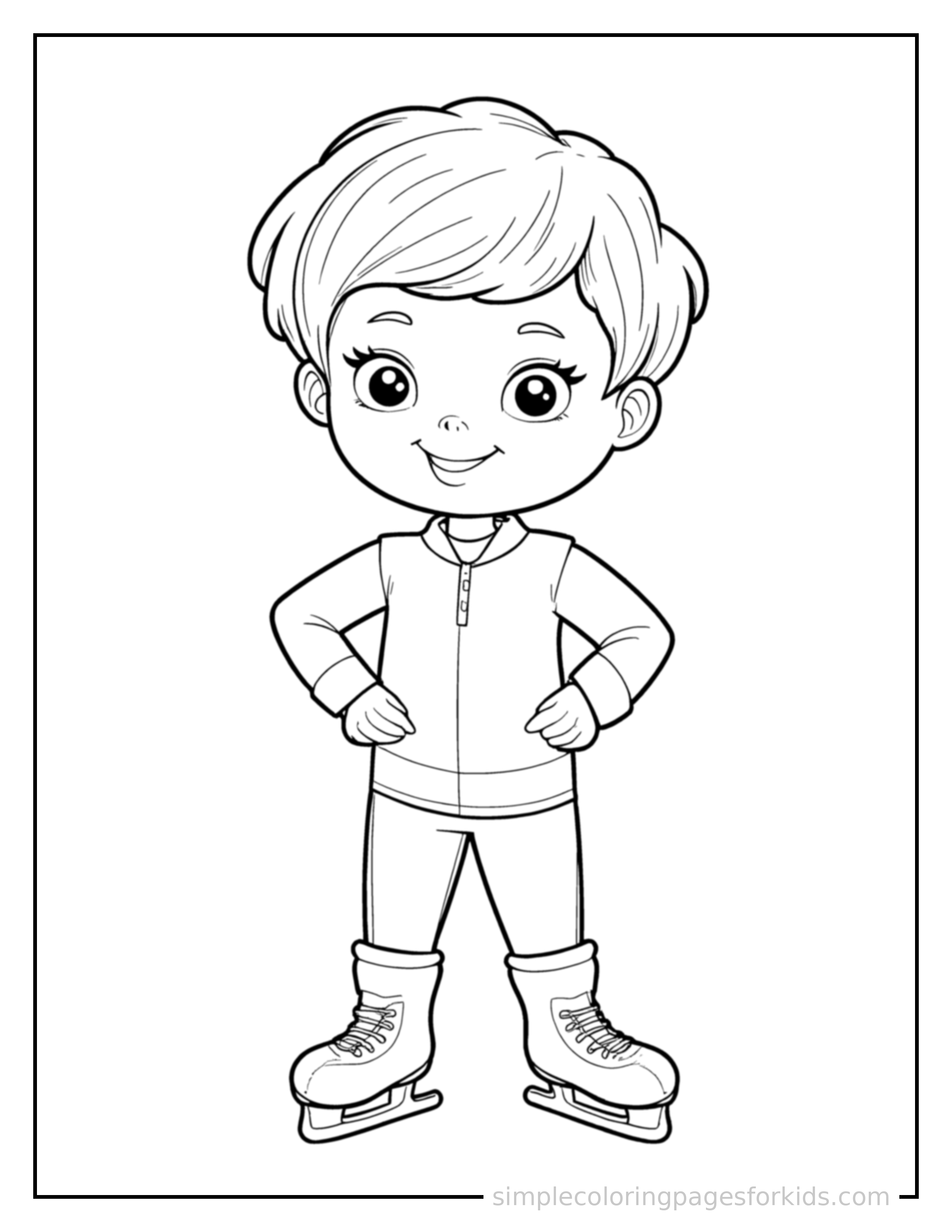 Free printable kid ice skating coloring page featuring a cute kid ice skating standing proudly with hands on hips, chest out, big sparkling happy eyes and open smile.