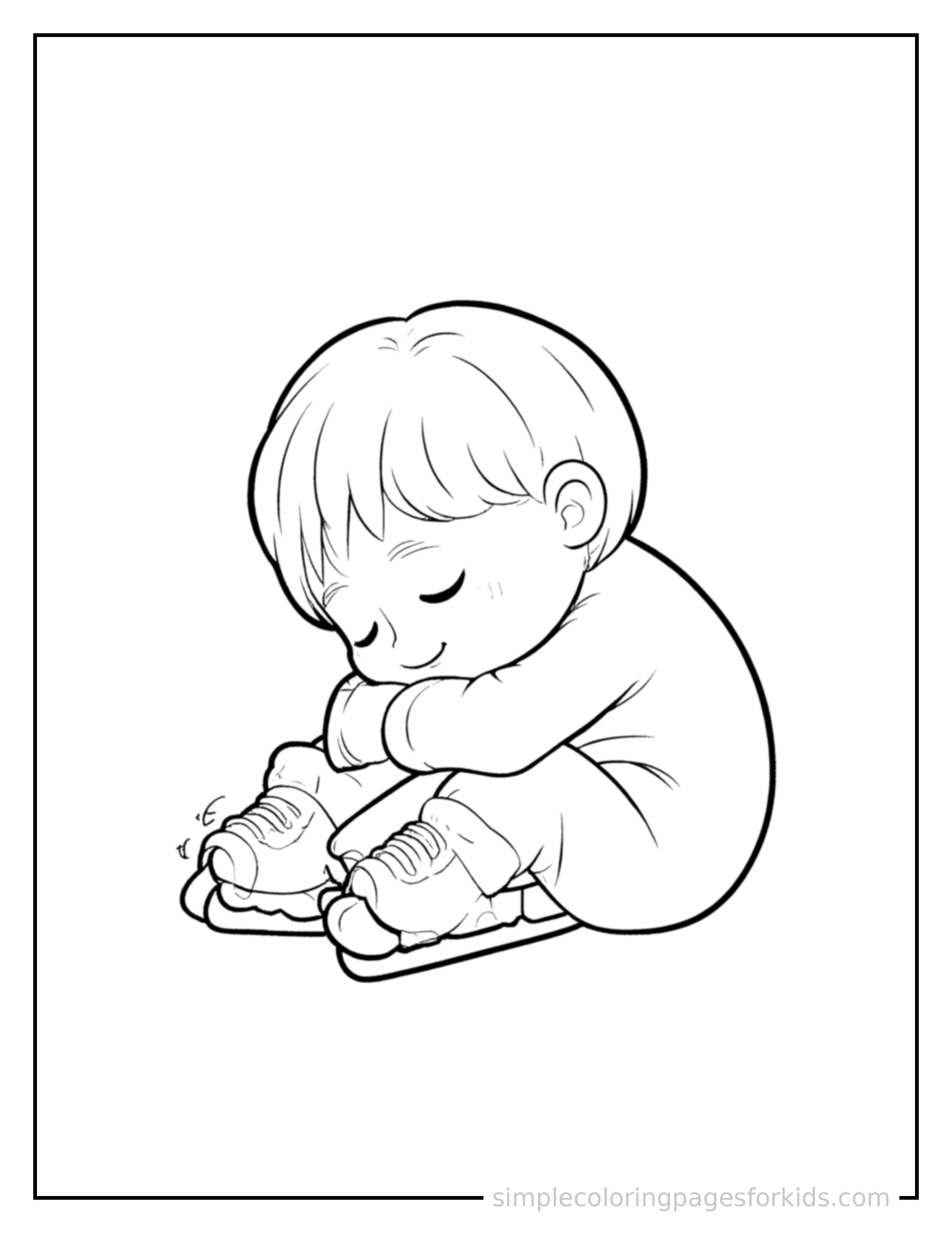 Free printable kid ice skating coloring page featuring a cute kid ice skating curled up fast asleep, peaceful smile, one eye scrunched shut, hands tucked under the chin.