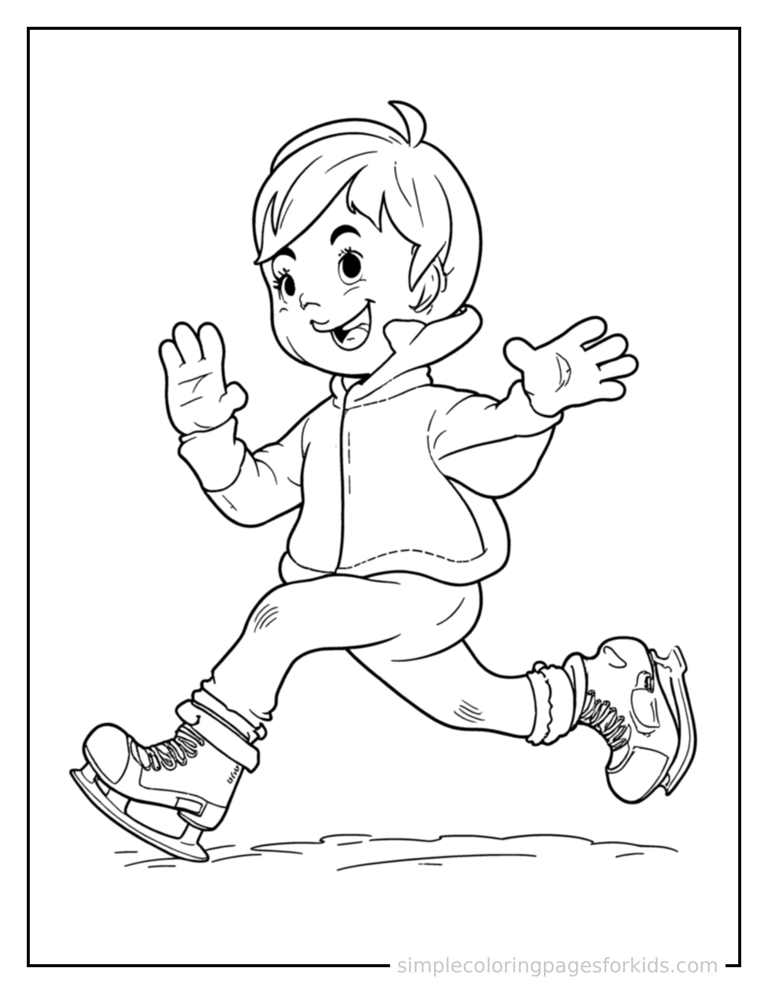 Free printable kid ice skating coloring page featuring a cute kid ice skating running forward at full speed, arms pumping, big happy grin.