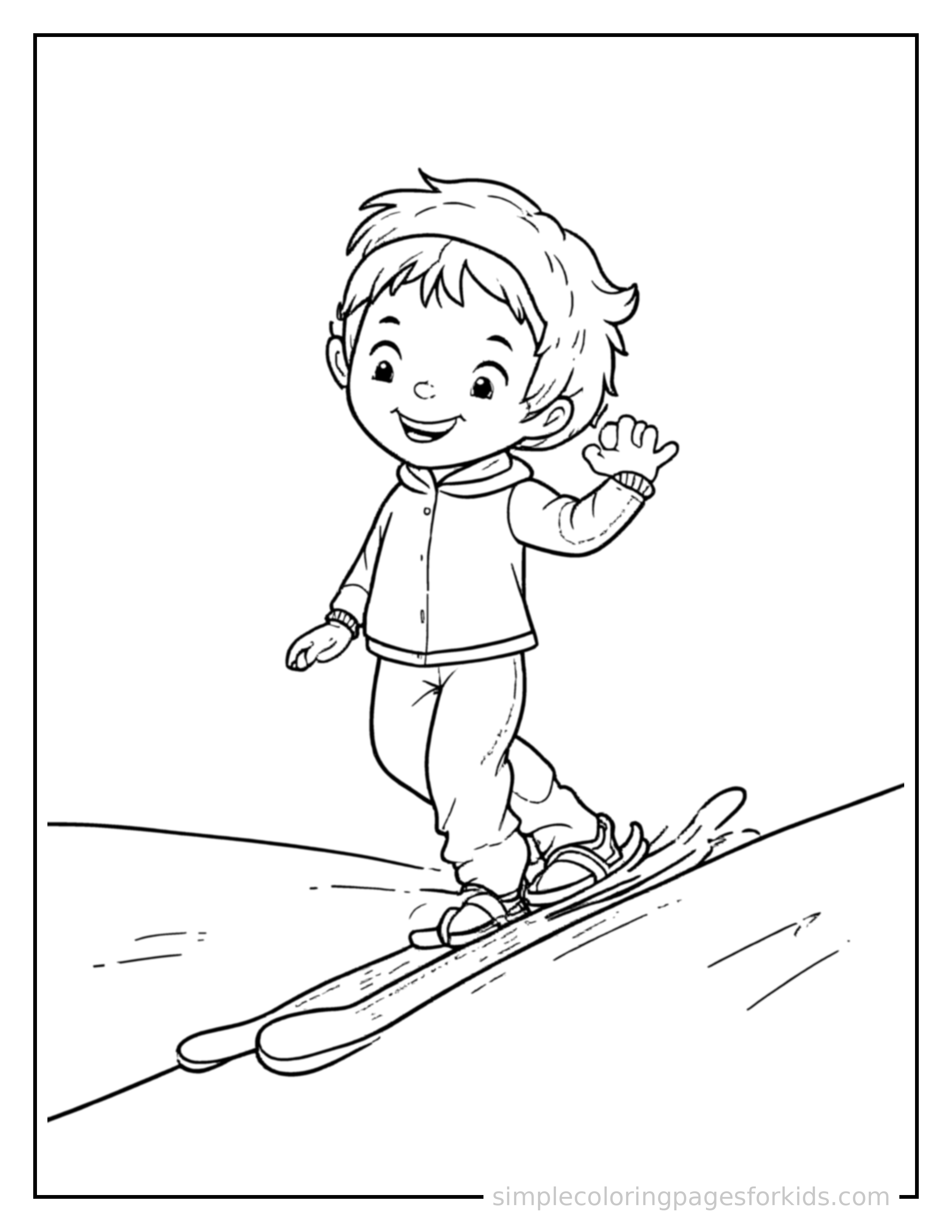 Free printable kid skiing down a hill coloring page featuring a cute kid skiing down a hill standing tall with a big cheerful grin, one hand raised in a wave, head tilted slightly.