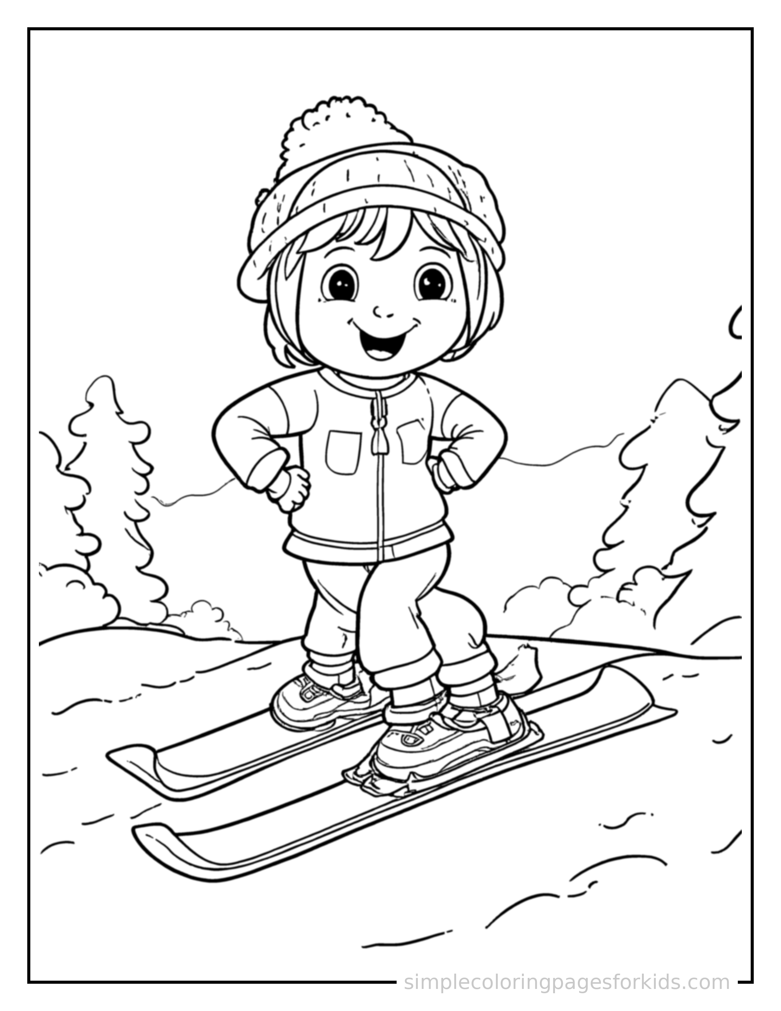Free printable kid skiing down a hill coloring page featuring a cute kid skiing down a hill standing proudly with hands on hips, chest out, big sparkling happy eyes and open smile.