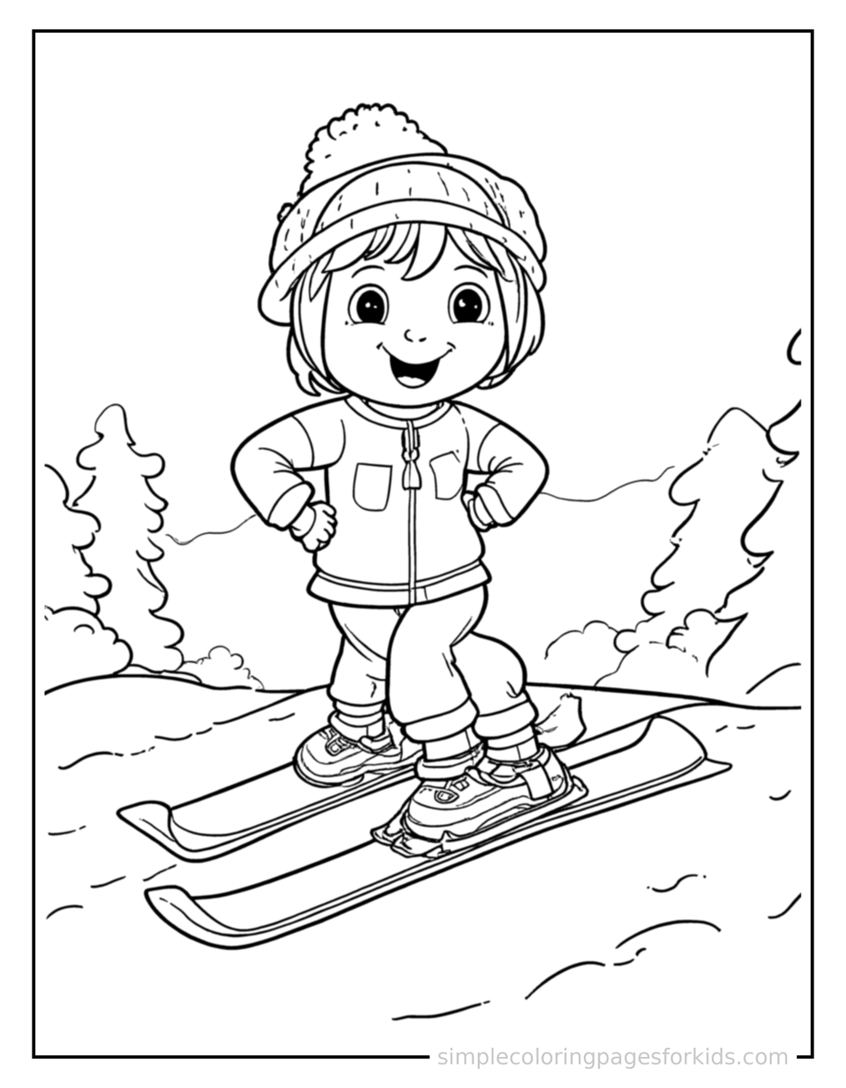 Proud Kid Skiing Down A Hill Coloring Page