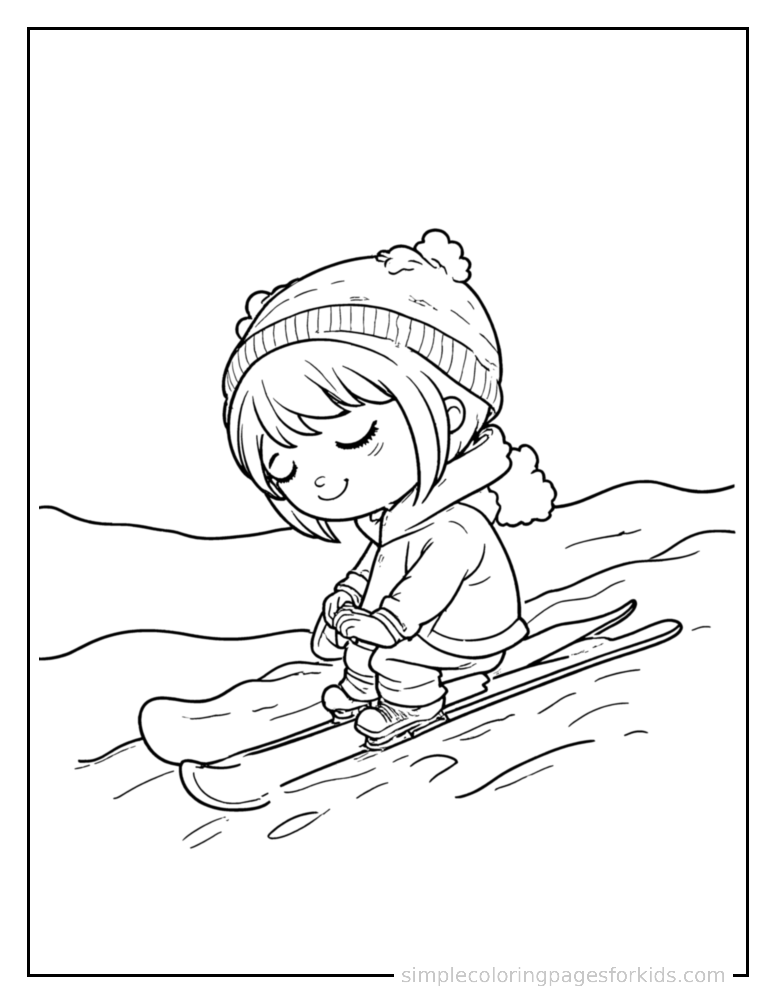 Free printable kid skiing down a hill coloring page featuring a cute kid skiing down a hill curled up fast asleep, peaceful smile, one eye scrunched shut, hands tucked under the chin.