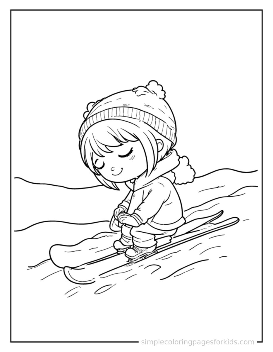 Sleepy Kid Skiing Down A Hill Coloring Page