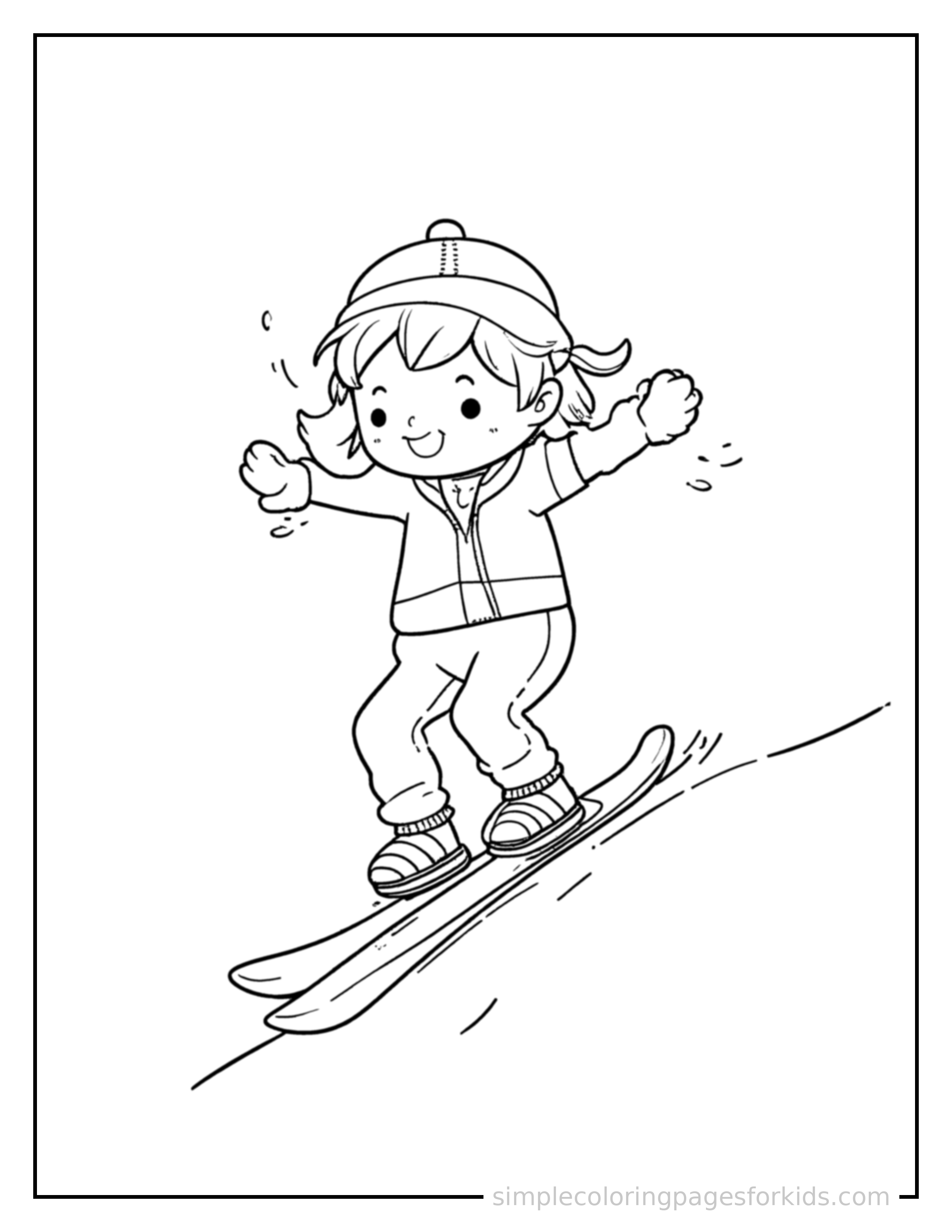 Free printable kid skiing down a hill coloring page featuring a cute kid skiing down a hill mid-jump with arms and legs stretched out playfully, mouth open with excitement.