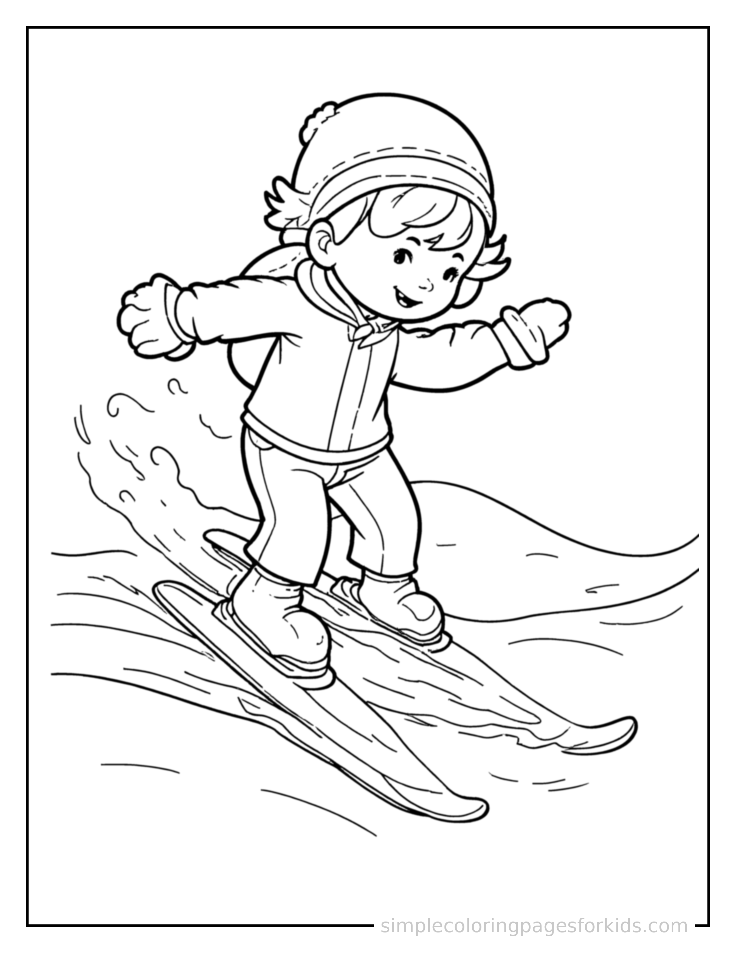 Free printable kid skiing down a hill coloring page featuring a cute kid skiing down a hill running forward at full speed, arms pumping, big happy grin.
