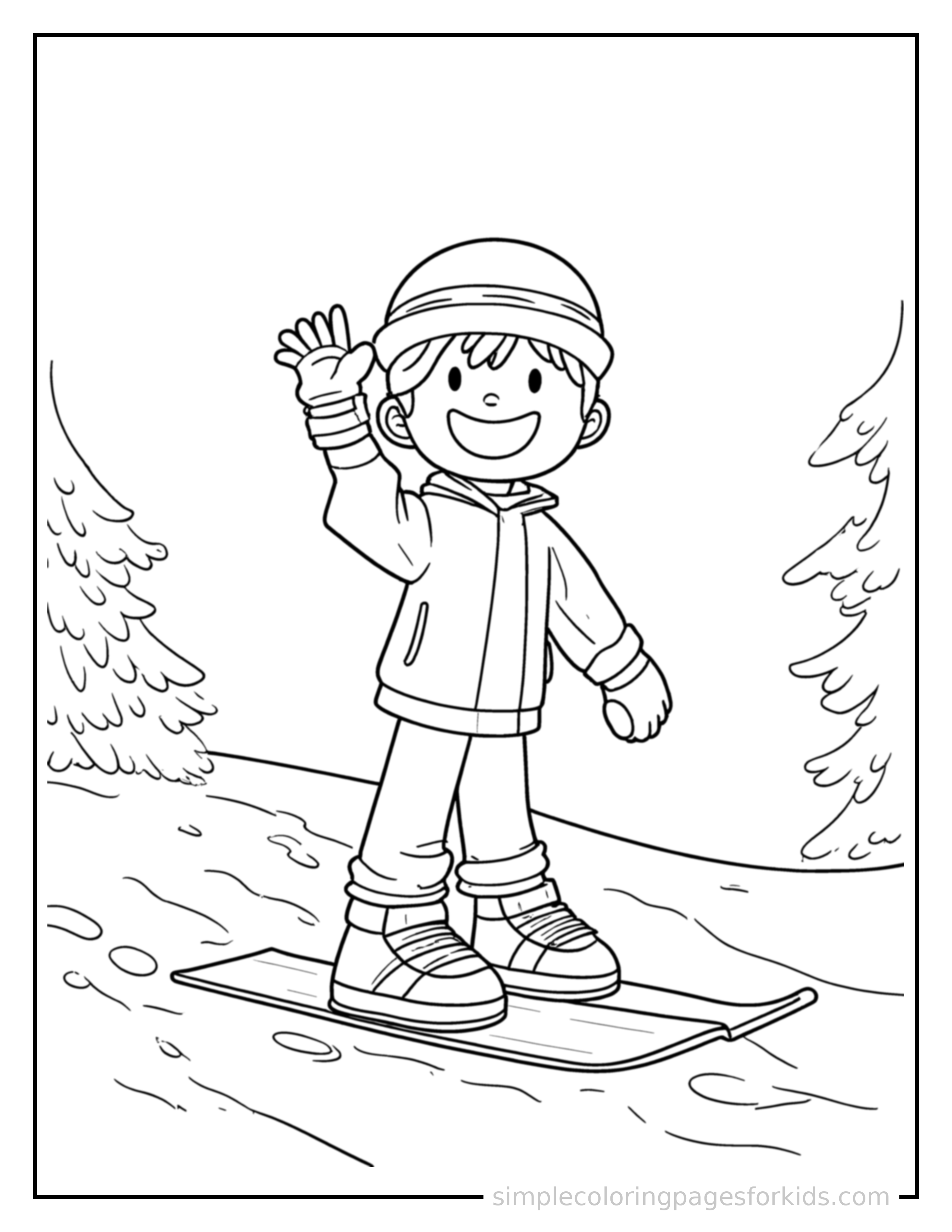 Free printable kid snowboarding down a slope coloring page featuring a cute kid snowboarding down a slope standing tall with a big cheerful grin, one hand raised in a wave, head tilted slightly.