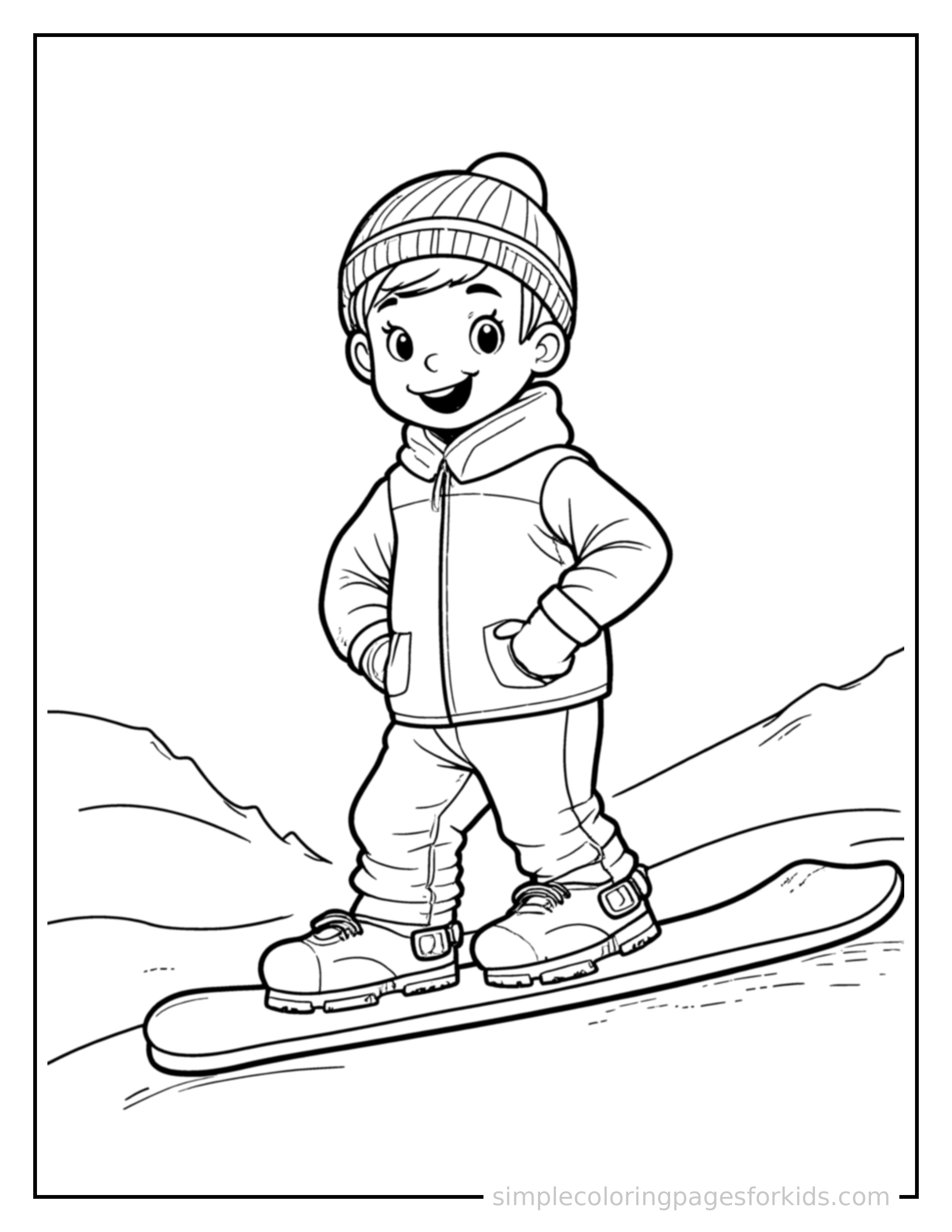 Free printable kid snowboarding down a slope coloring page featuring a cute kid snowboarding down a slope standing proudly with hands on hips, chest out, big sparkling happy eyes and open smile.