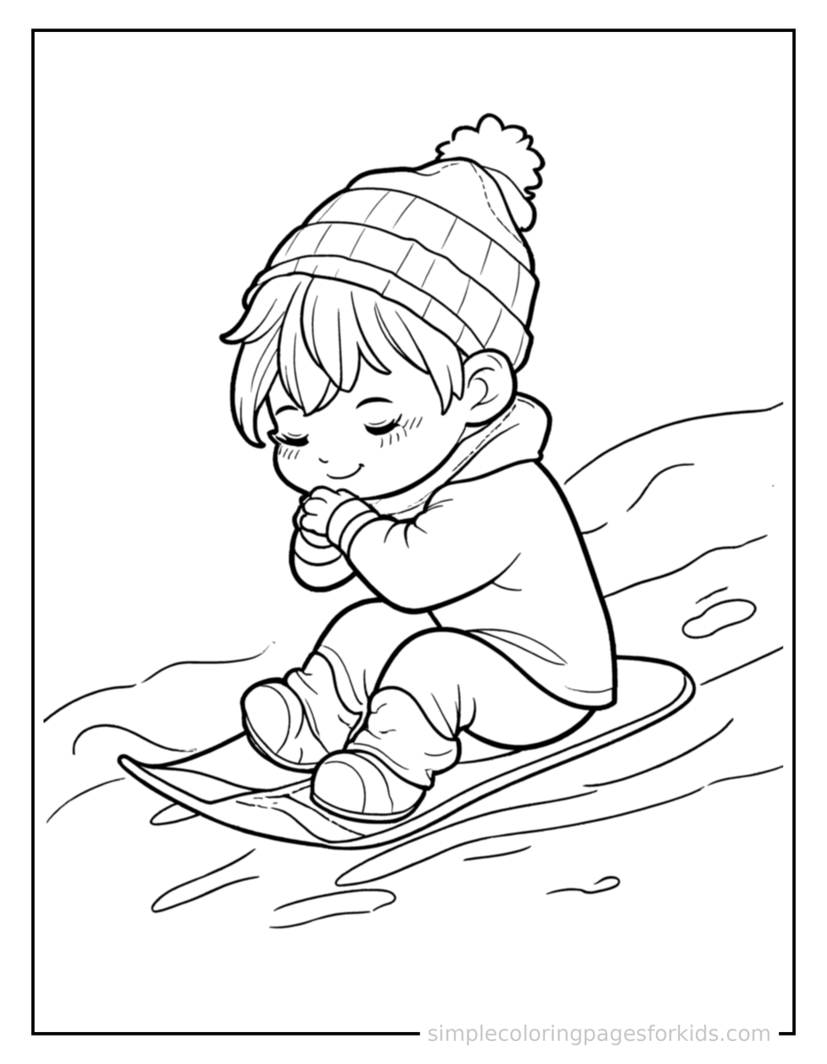 Sleepy Kid Snowboarding Down A Slope Coloring Page