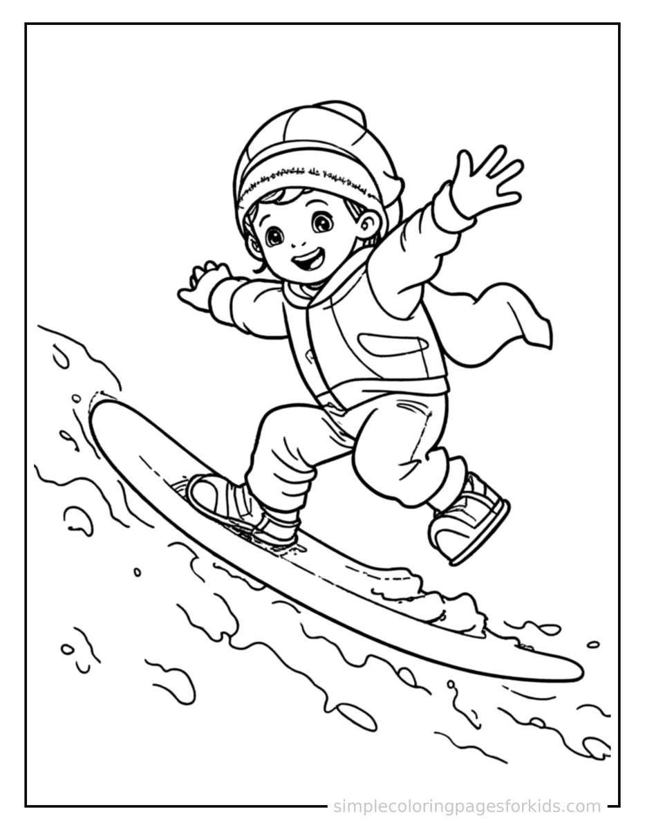 Jumping Kid Snowboarding Down A Slope Coloring Page