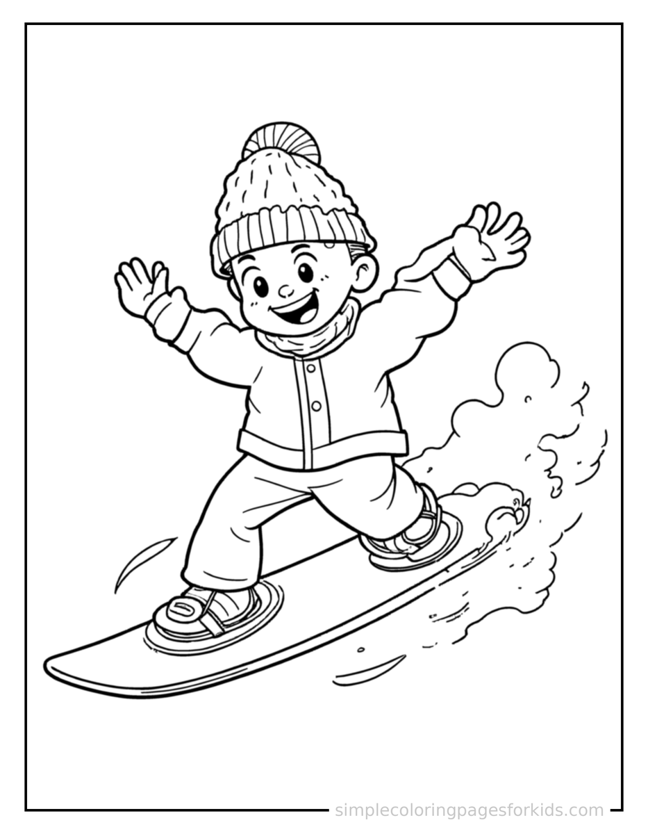 Running Kid Snowboarding Down A Slope Coloring Page