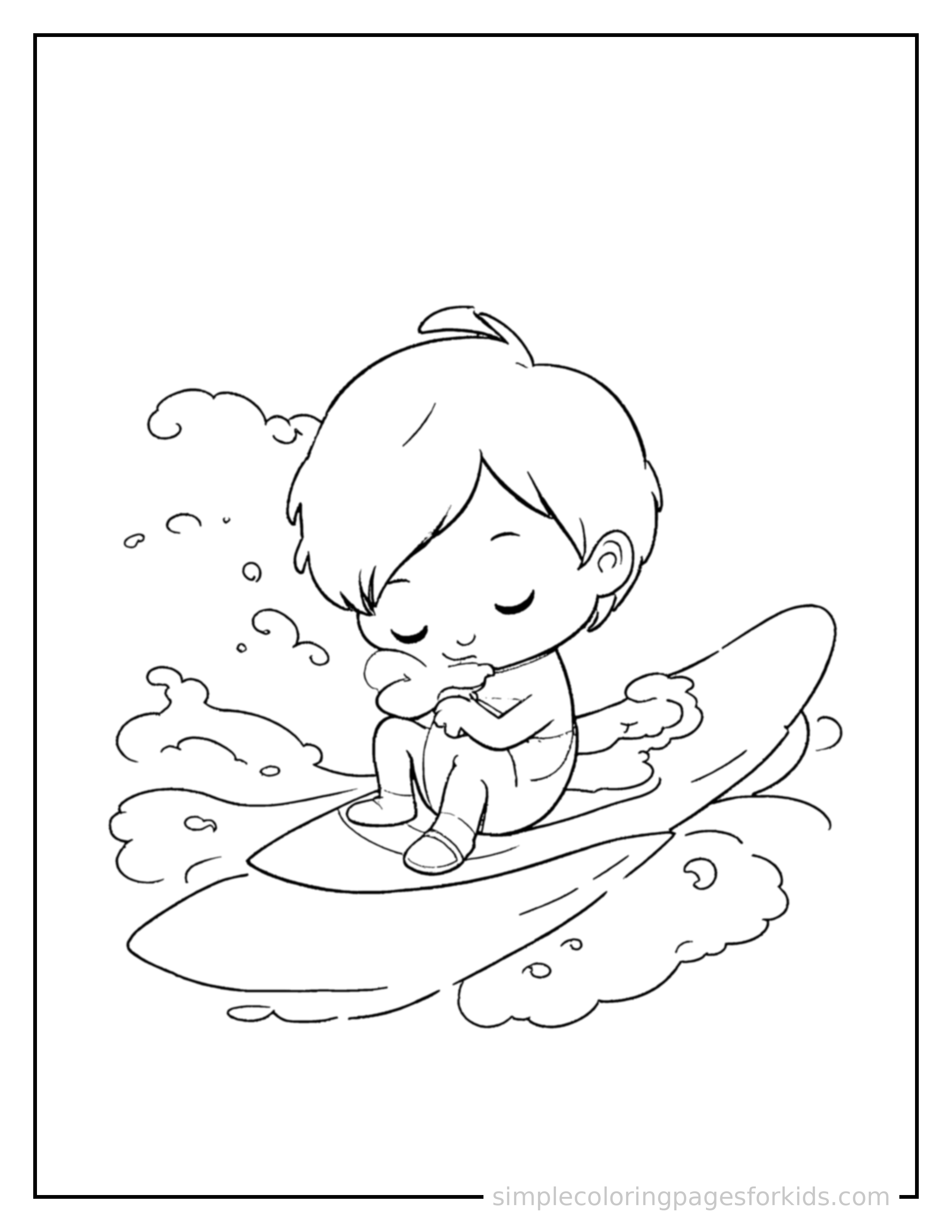 Free printable kid surfing on a wave coloring page featuring a cute kid surfing on a wave curled up fast asleep, peaceful smile, one eye scrunched shut, hands tucked under the chin.