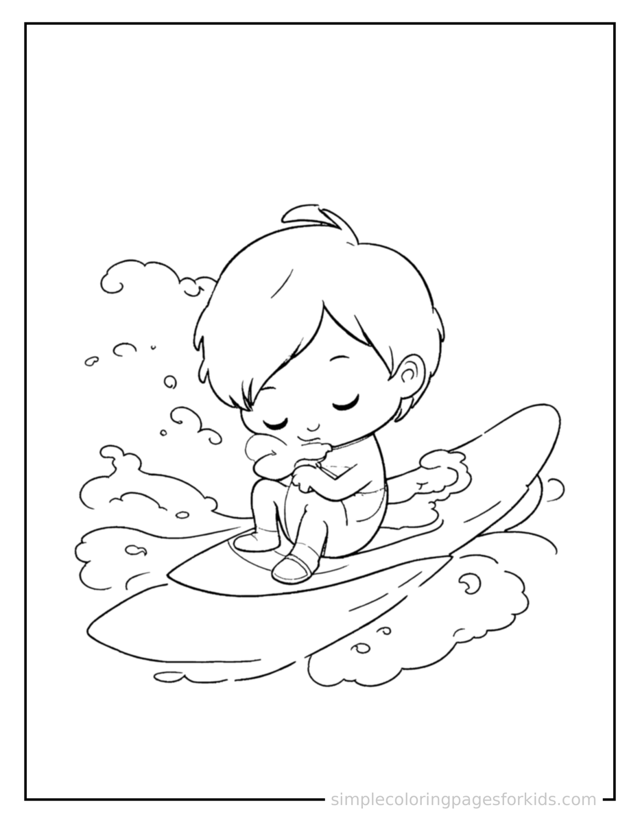 Sleepy Kid Surfing On A Wave Coloring Page