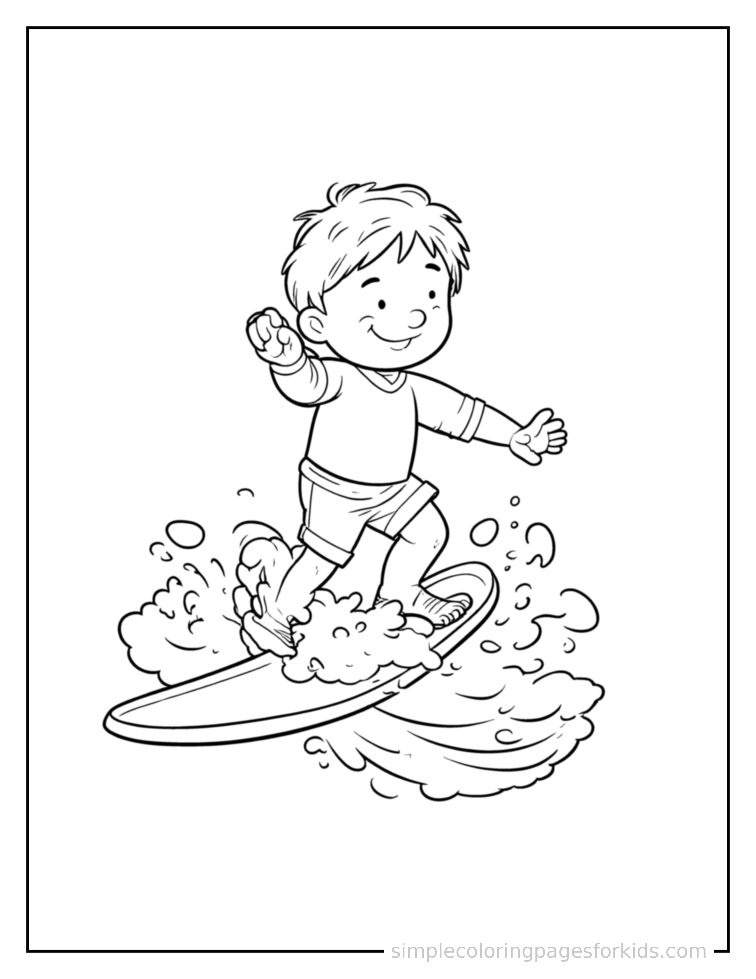 Free printable kid surfing on a wave coloring page featuring a cute kid surfing on a wave running forward at full speed, arms pumping, big happy grin.
