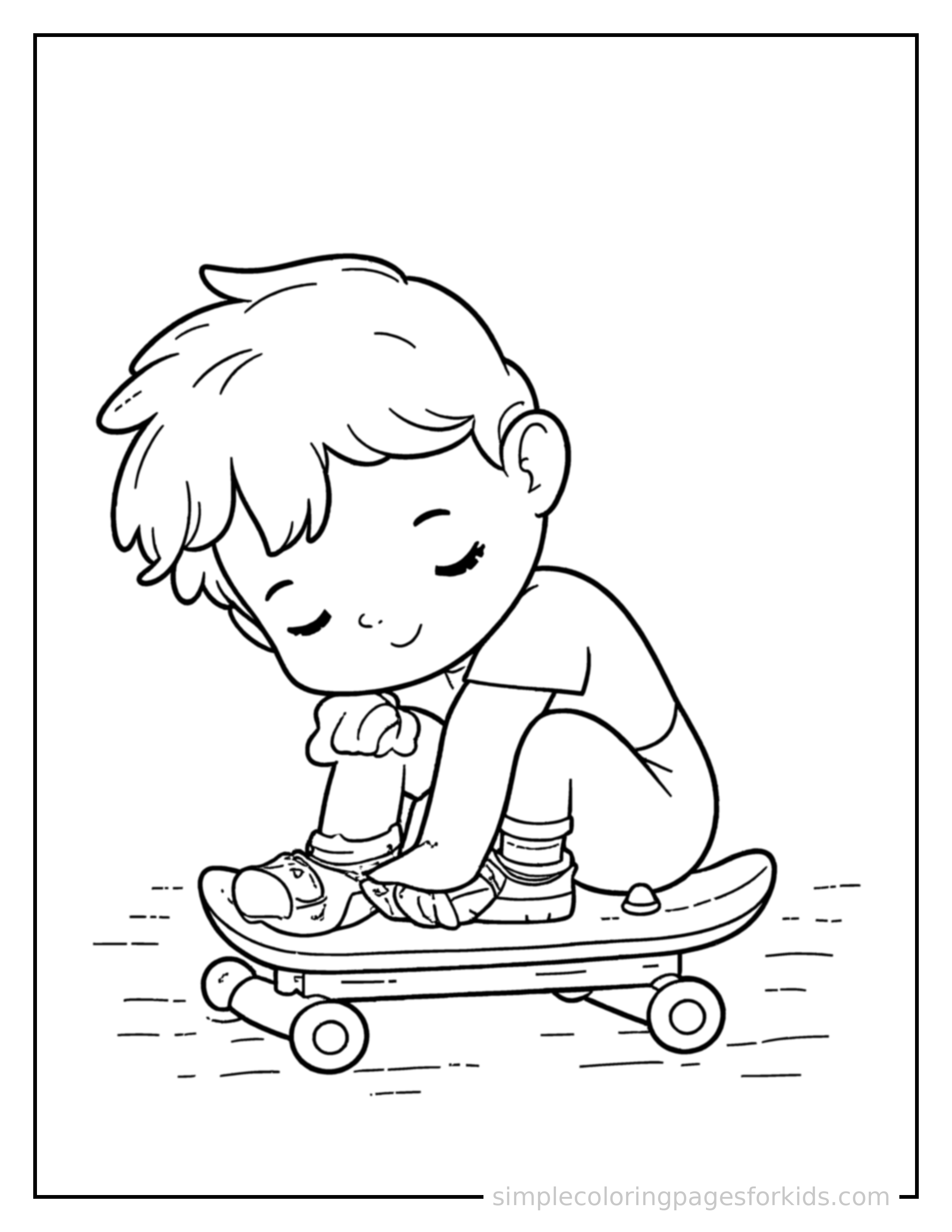 Free printable kid skateboarding coloring page featuring a cute kid skateboarding curled up fast asleep, peaceful smile, one eye scrunched shut, hands tucked under the chin.