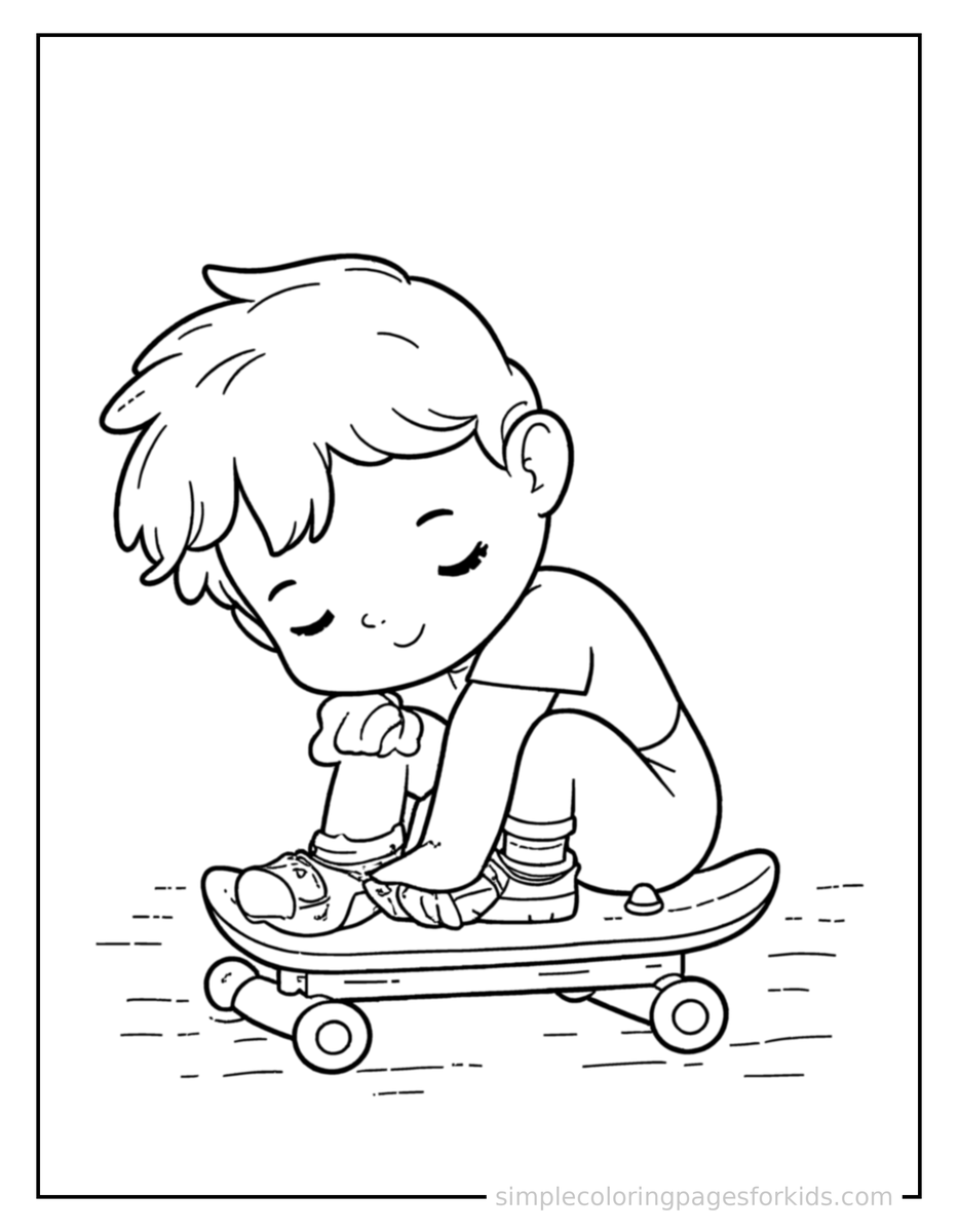 Sleepy Kid Skateboarding Coloring Page