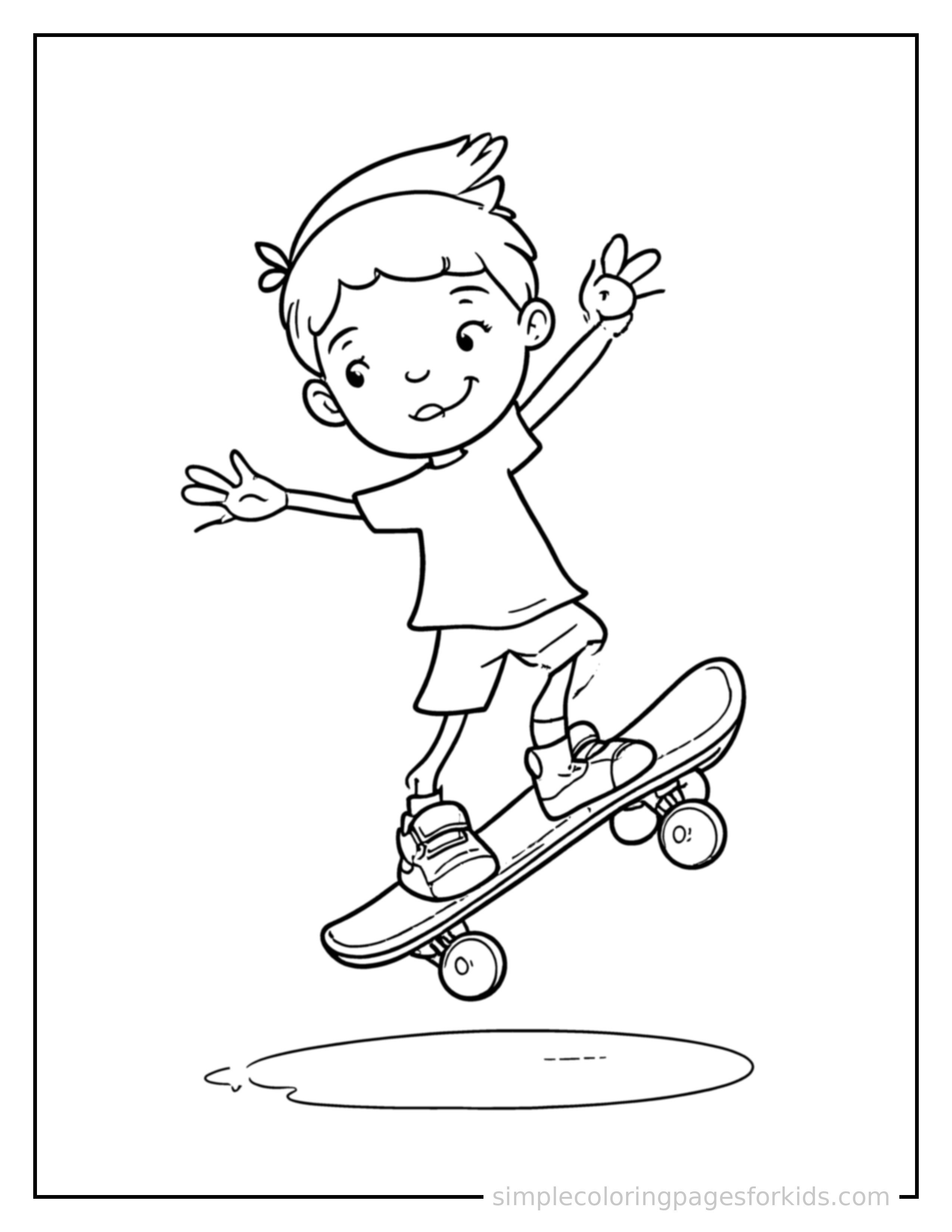 Free printable kid skateboarding coloring page featuring a cute kid skateboarding mid-jump with arms and legs stretched out playfully, mouth open with excitement.