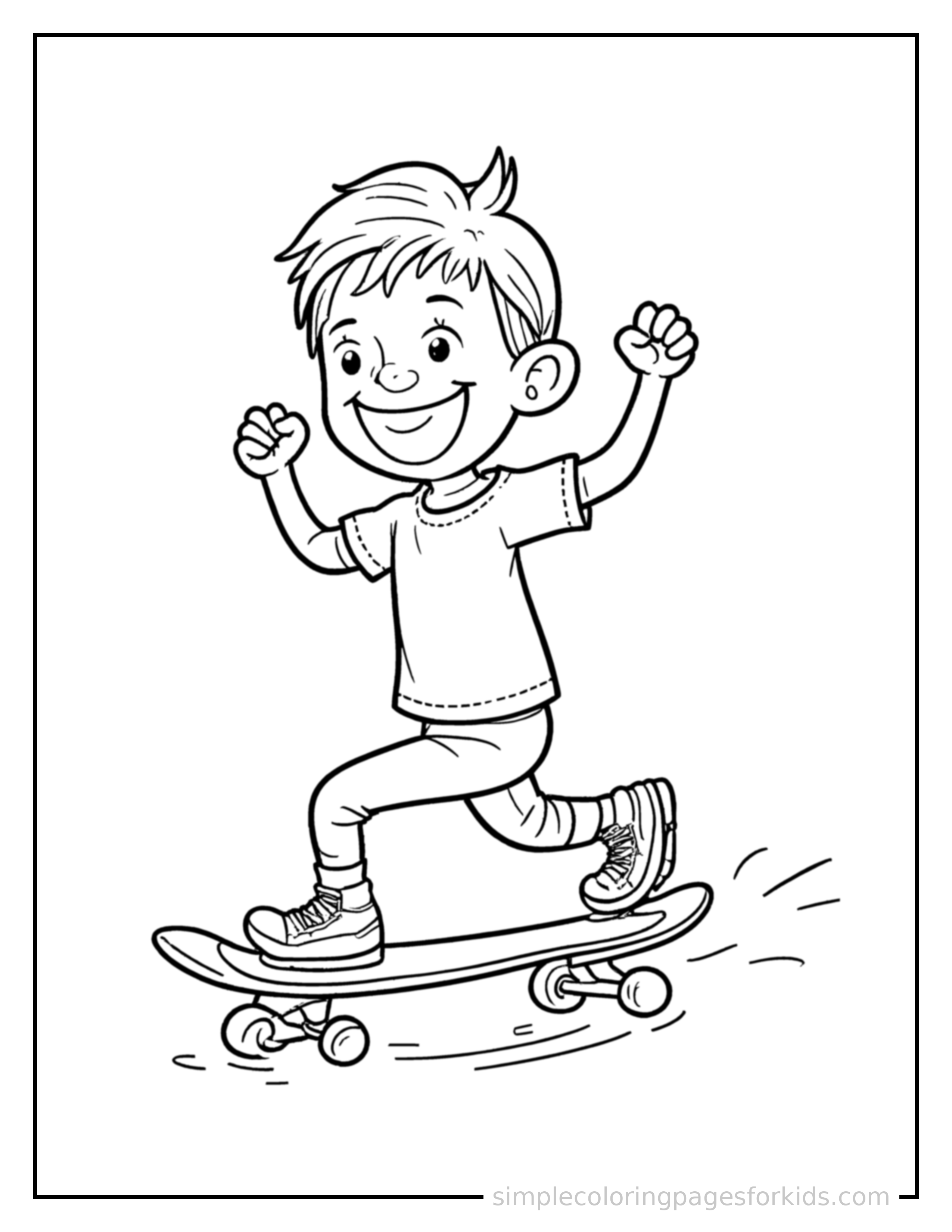 Free printable kid skateboarding coloring page featuring a cute kid skateboarding running forward at full speed, arms pumping, big happy grin.