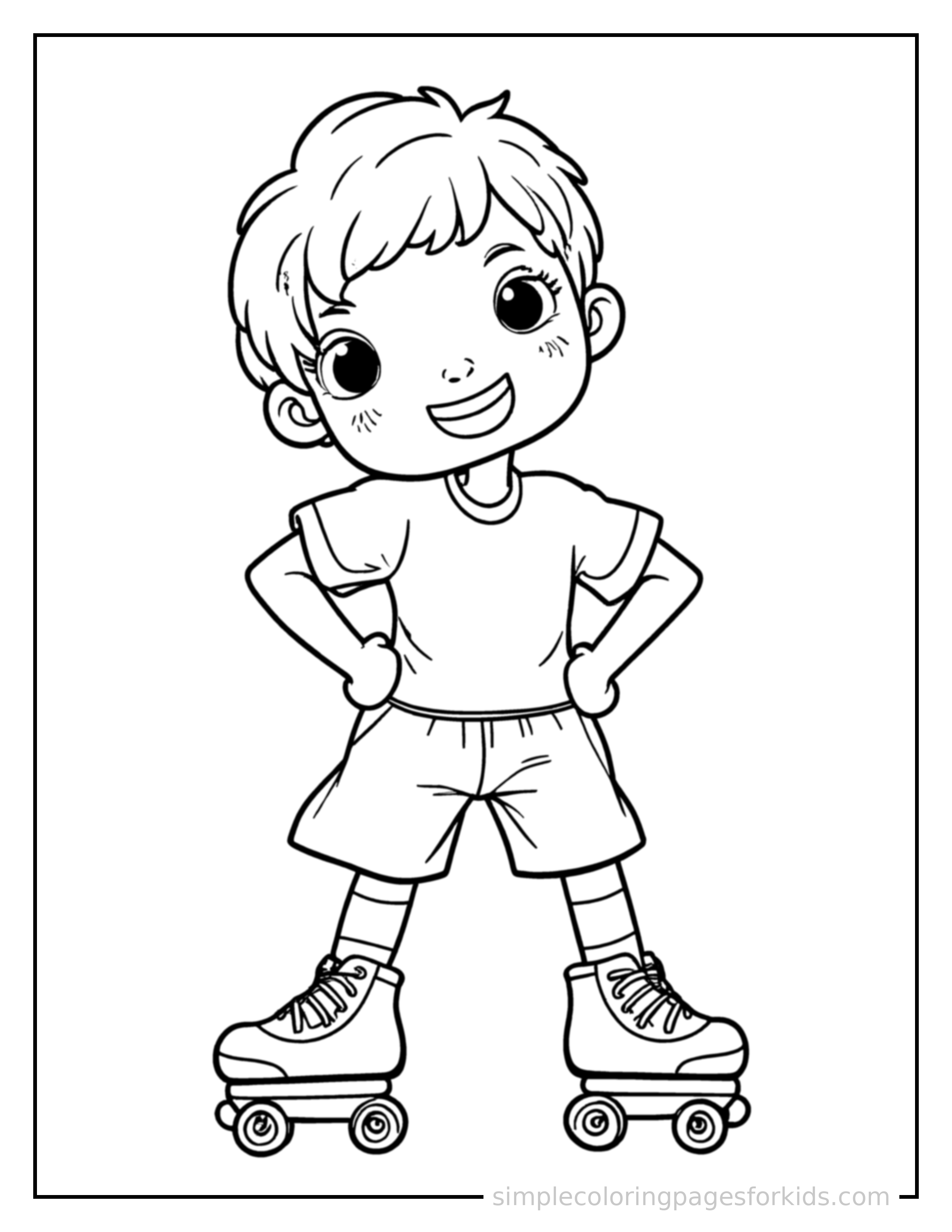 Free printable kid roller skating coloring page featuring a cute kid roller skating standing proudly with hands on hips, chest out, big sparkling happy eyes and open smile.