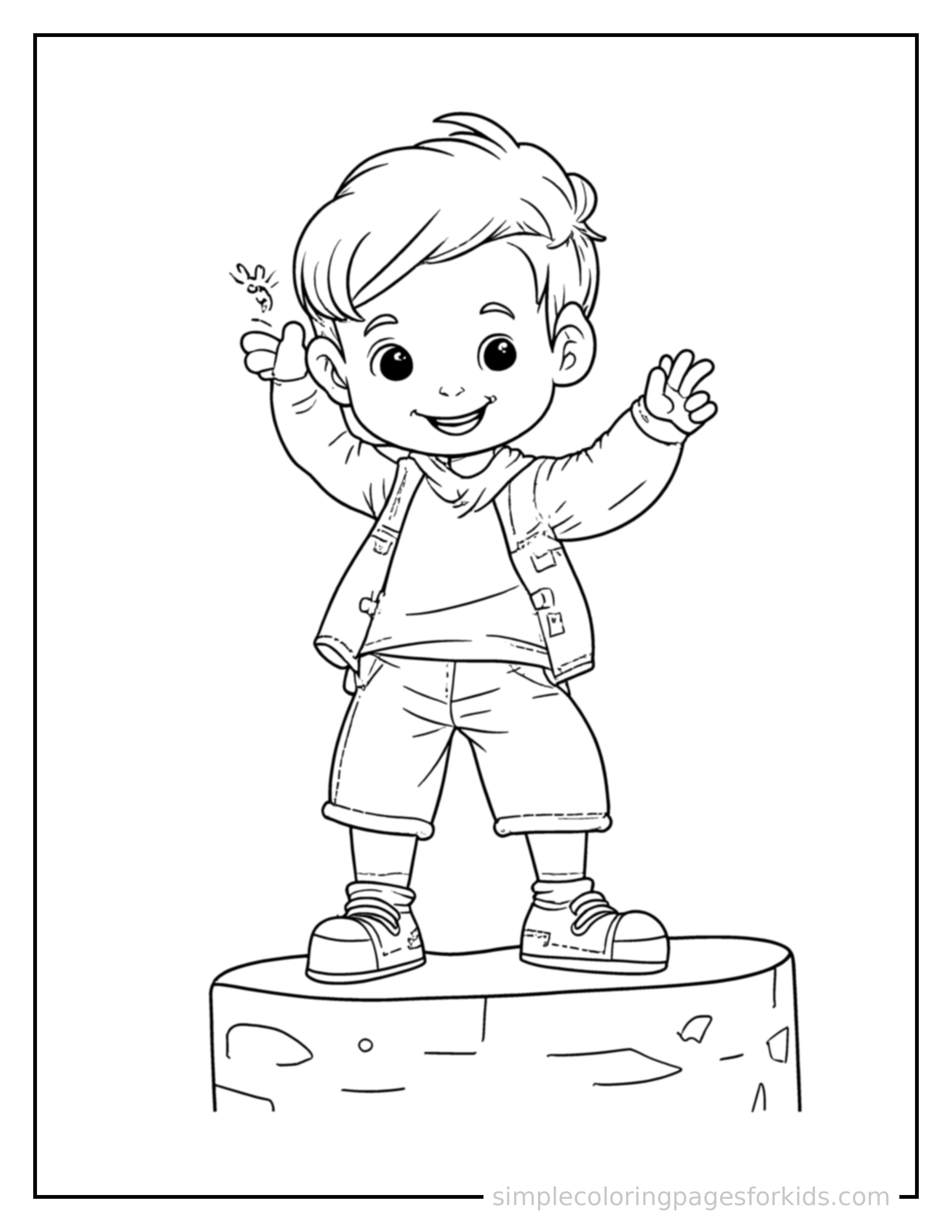 Free printable kid rock climbing on a wall coloring page featuring a cute kid rock climbing on a wall standing tall with a big cheerful grin, one hand raised in a wave, head tilted slightly.