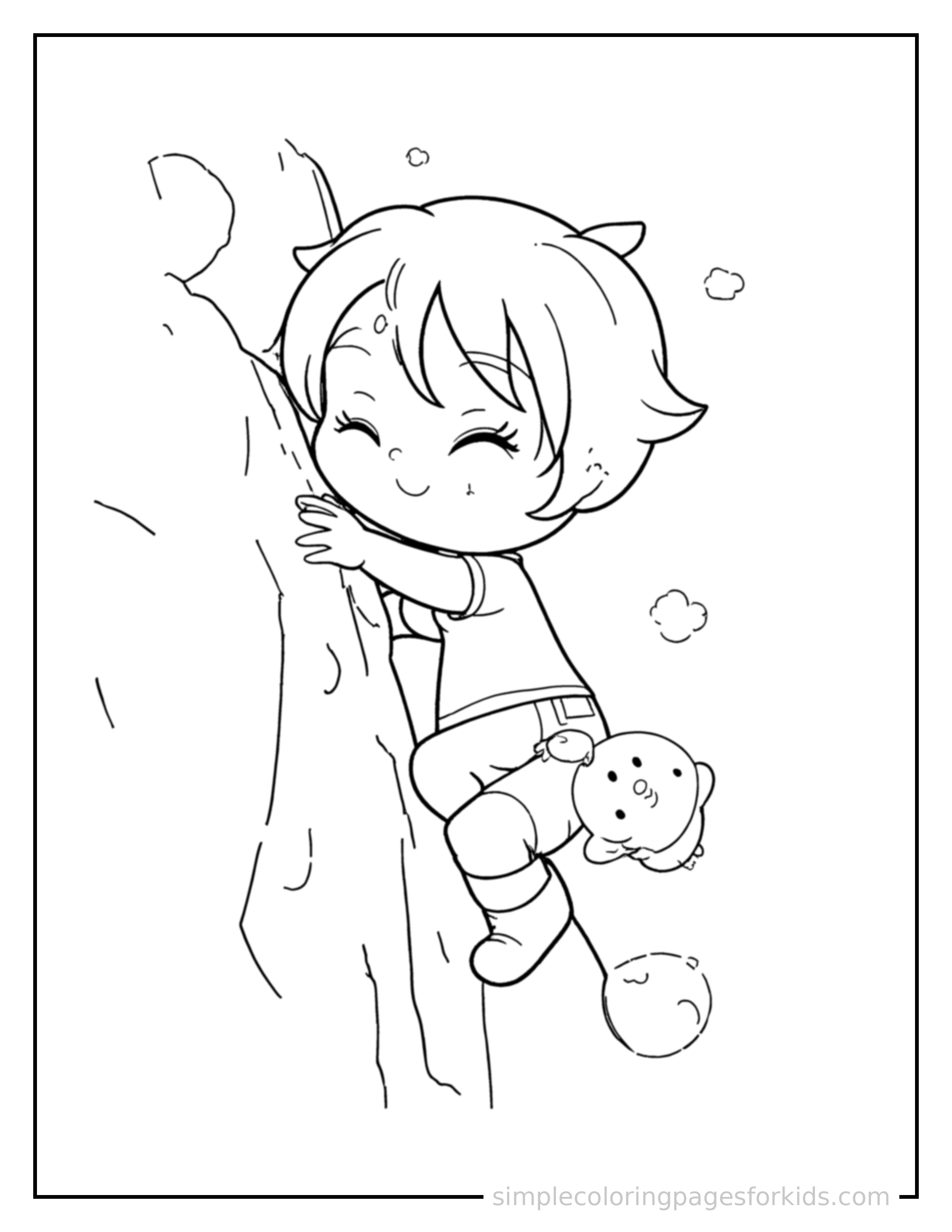 Free printable kid rock climbing on a wall coloring page featuring a cute kid rock climbing on a wall curled up fast asleep, peaceful smile, one eye scrunched shut, hands tucked under the chin.