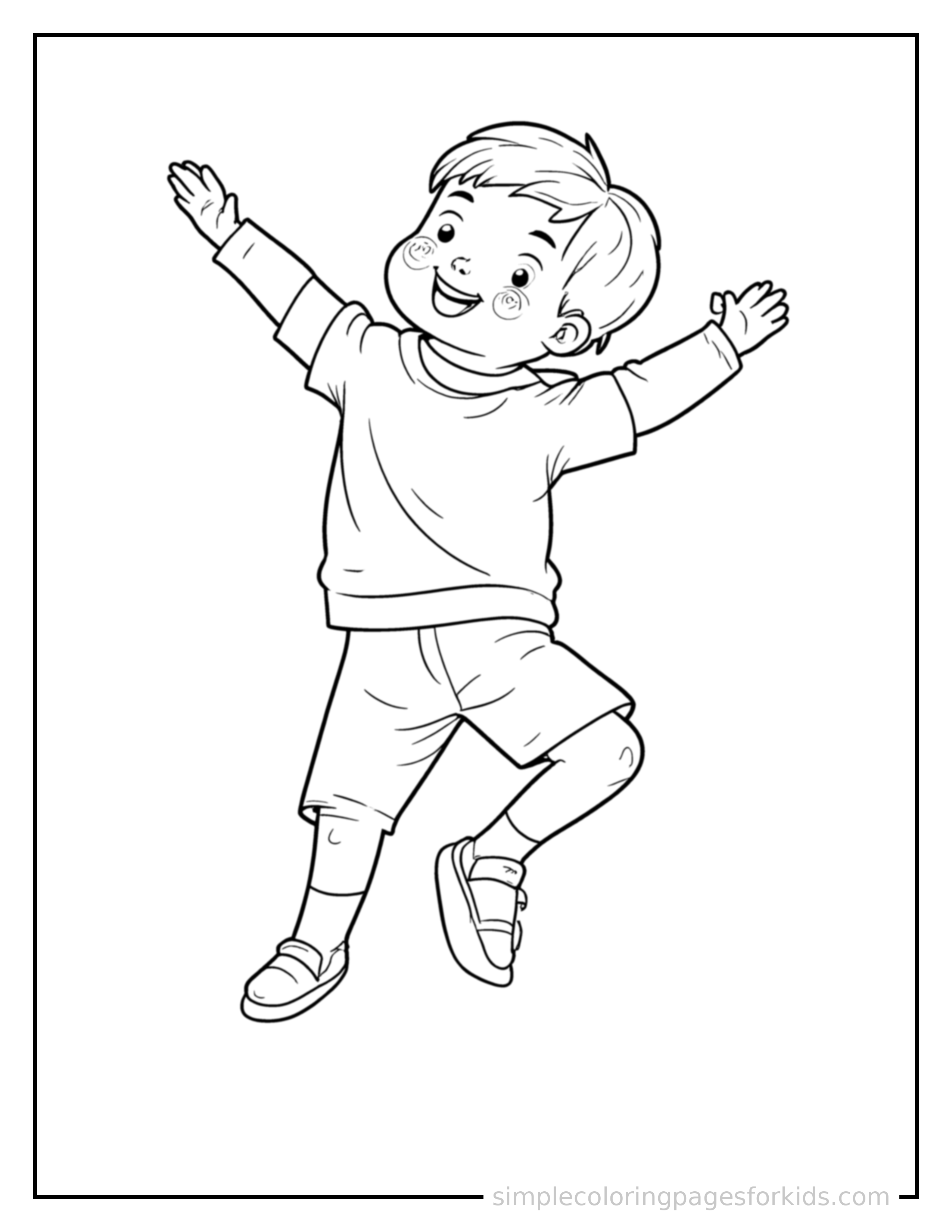 Free printable kid rock climbing on a wall coloring page featuring a cute kid rock climbing on a wall mid-jump with arms and legs stretched out playfully, mouth open with excitement.