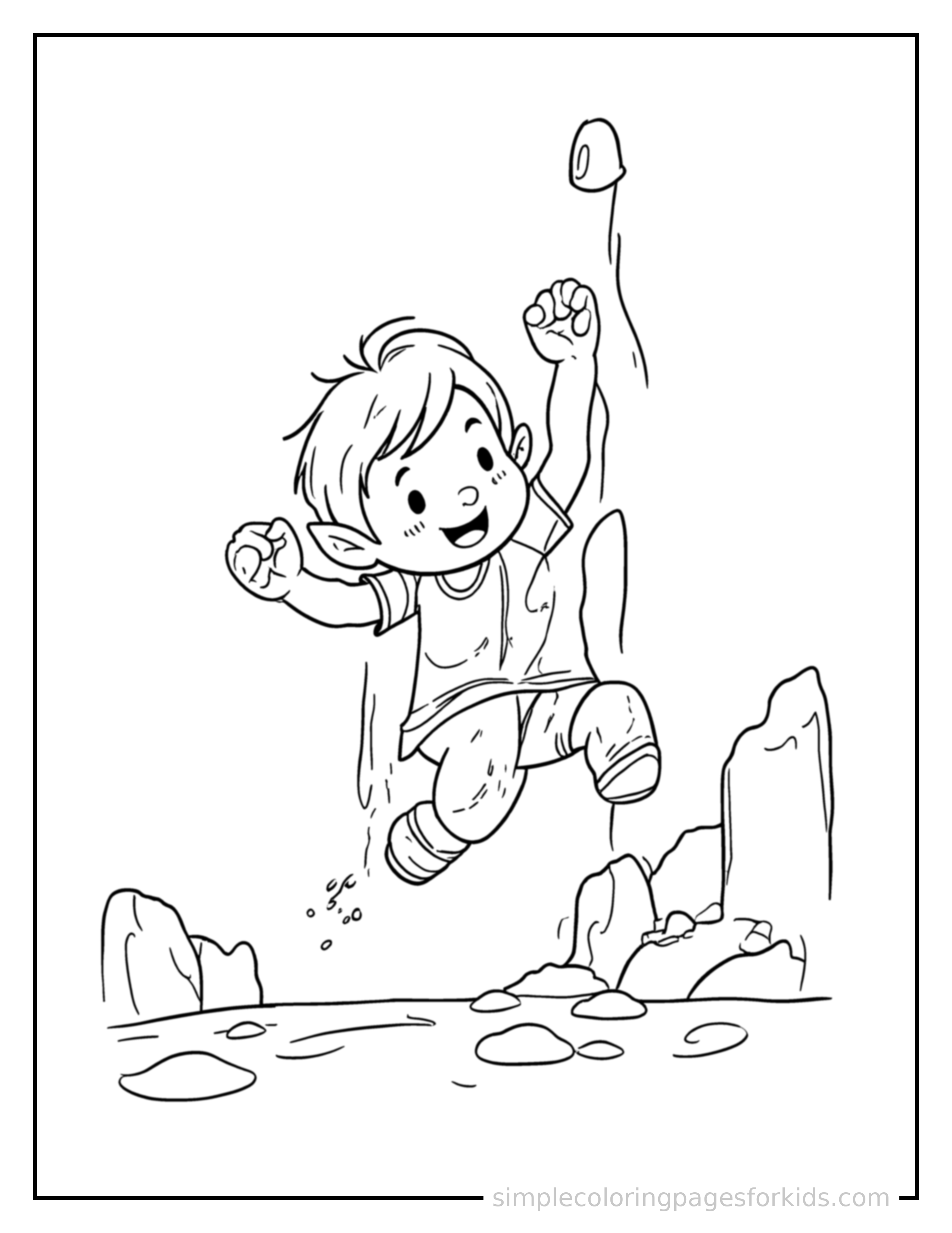 Free printable kid rock climbing on a wall coloring page featuring a cute kid rock climbing on a wall running forward at full speed, arms pumping, big happy grin.