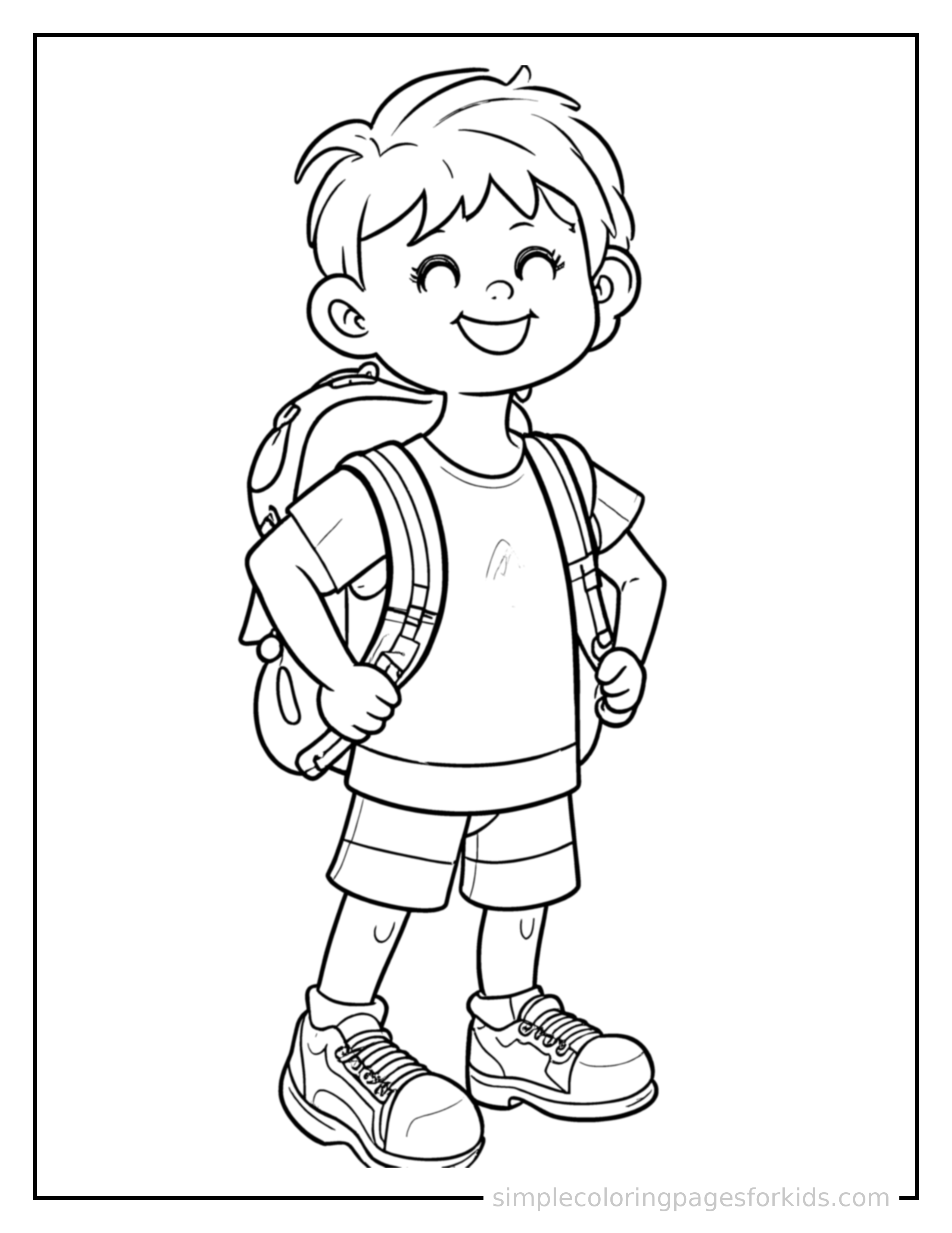 Free printable kid hiking with a backpack coloring page featuring a cute kid hiking with a backpack standing proudly with hands on hips, chest out, big sparkling happy eyes and open smile.