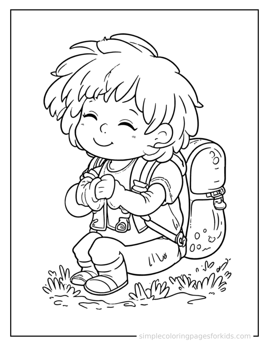 Sleepy Kid Hiking With A Backpack Coloring Page