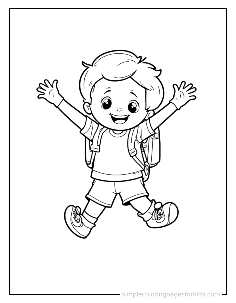 Jumping Kid Hiking With A Backpack Coloring Page