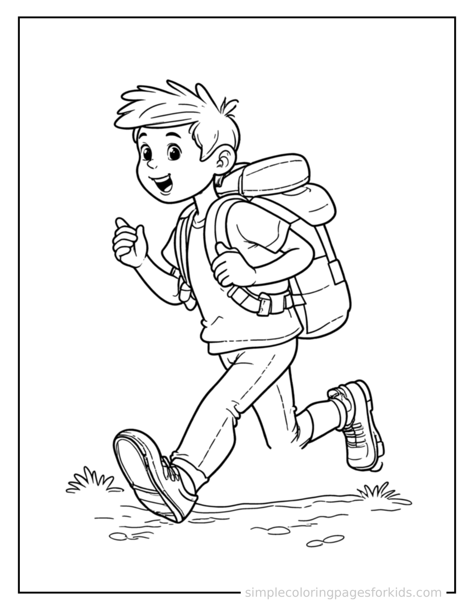 Running Kid Hiking With A Backpack Coloring Page